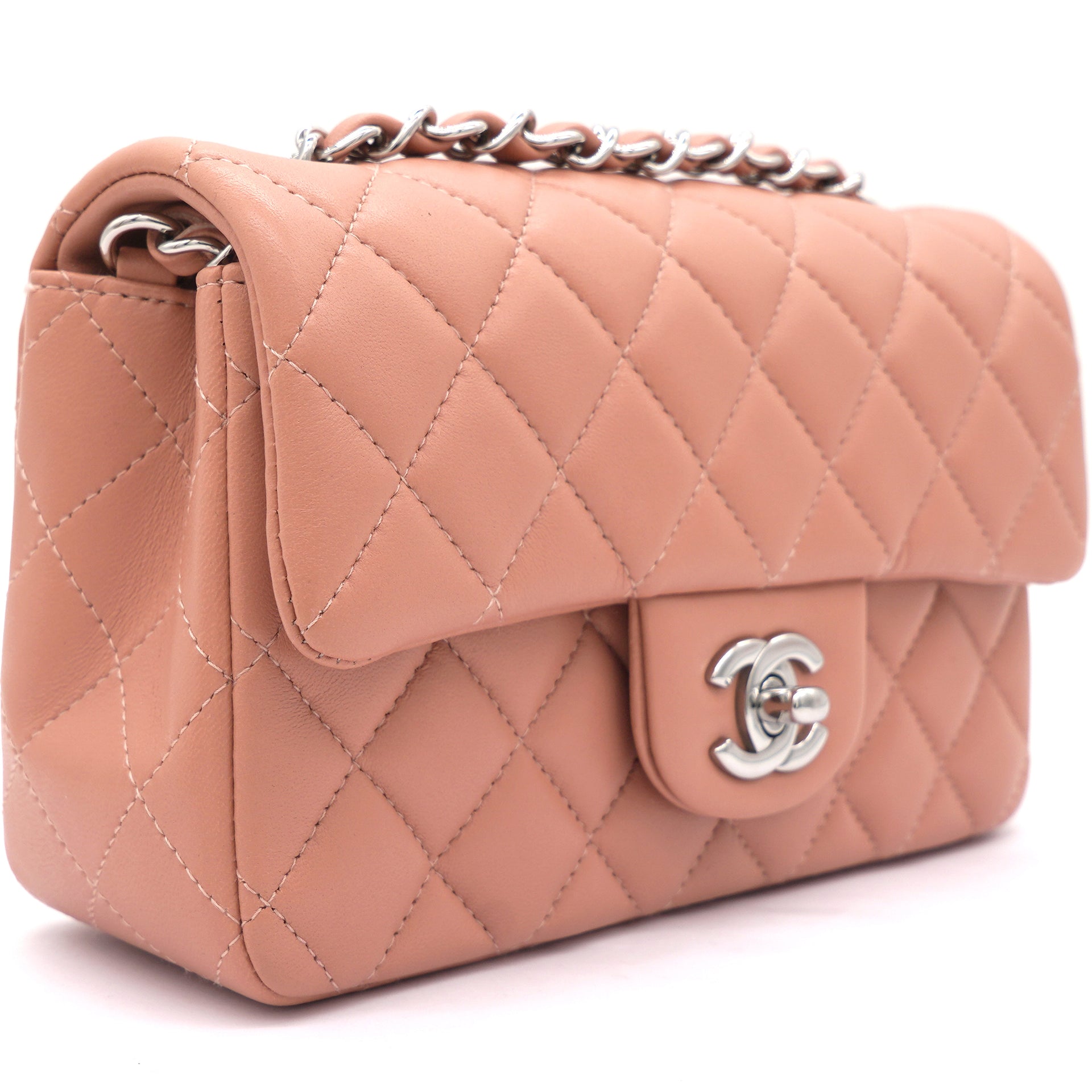 Authentic Chanel Lambskin Pink Leather Charms Mini Flap Crossbody Clutch Bag
