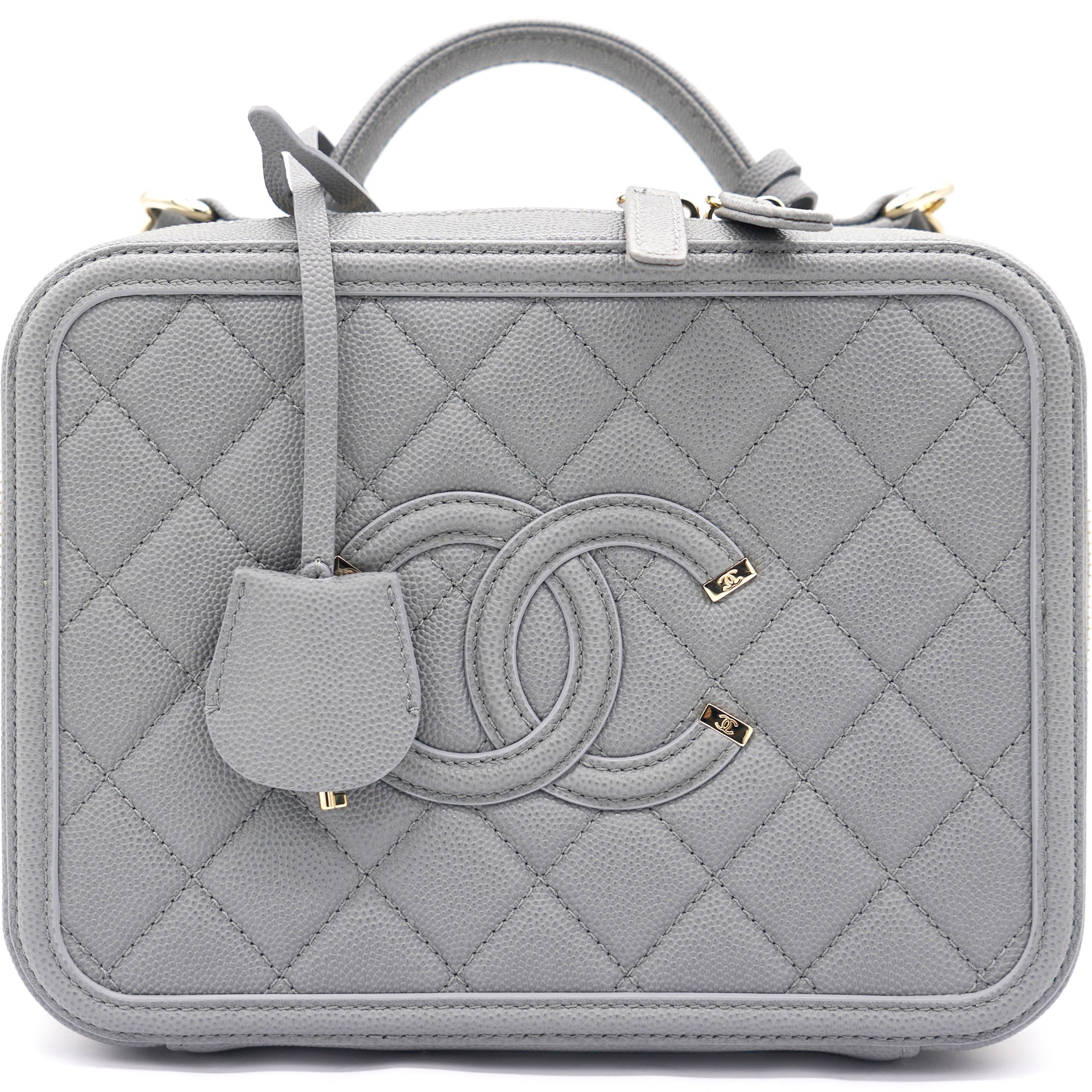 Chanel Silver Quilted Caviar Leather Large Filigree Vanity Bag