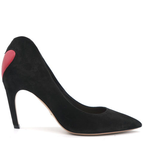 Black/Red Suede and Leather Heart Pointed Toe Pumps 38