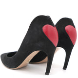 Black/Red Suede and Leather Heart Pointed Toe Pumps 38