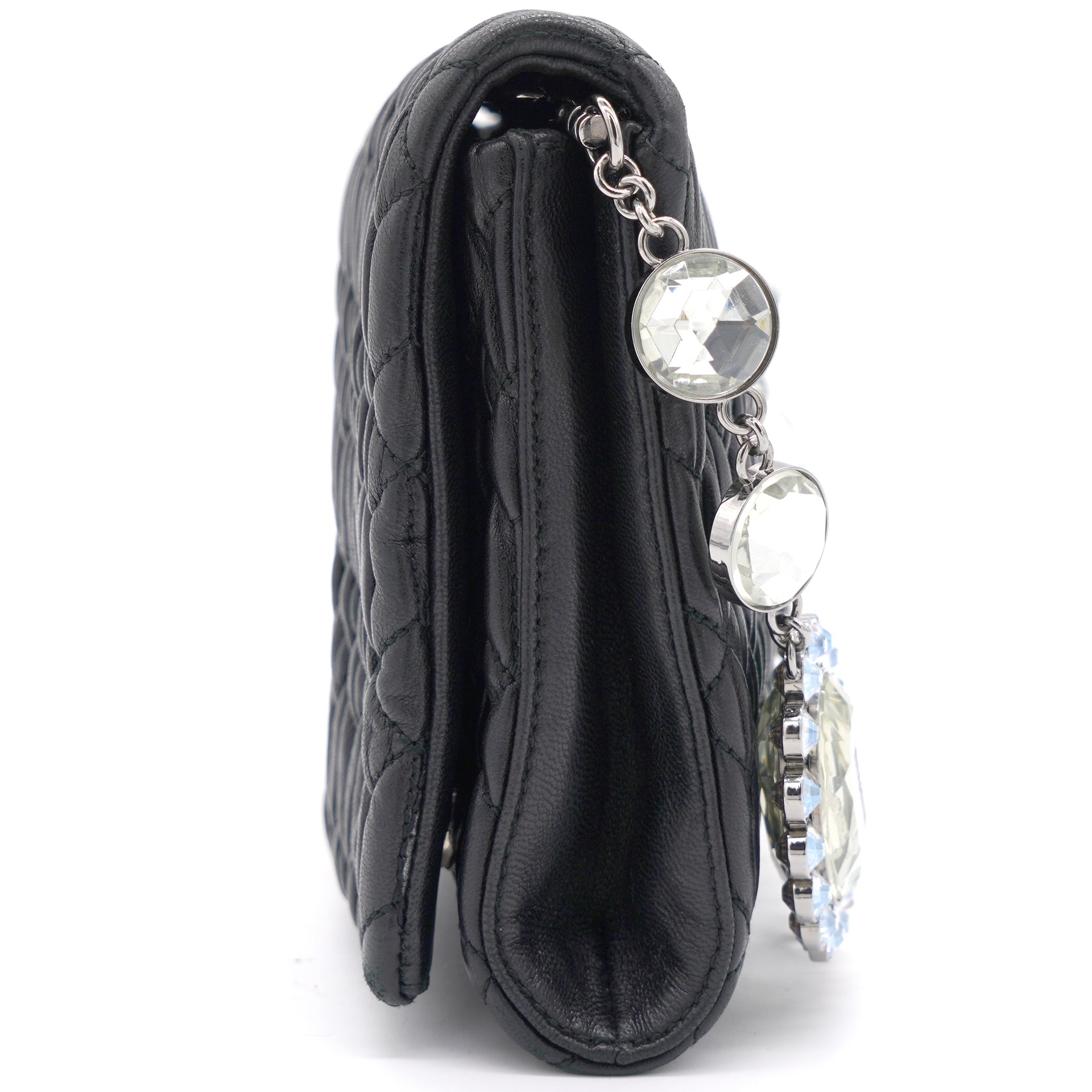 Black Matelasse Leather Crystal Crossbody Bag