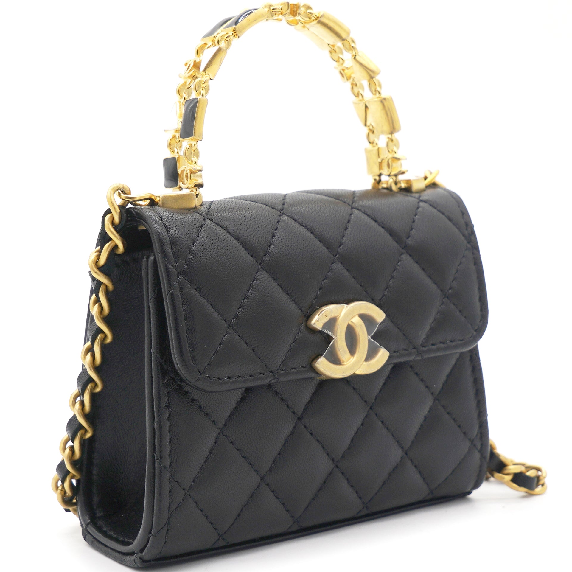 Chanel Mini Handle Flap Coin Purse With Chain Black Lambskin Gold