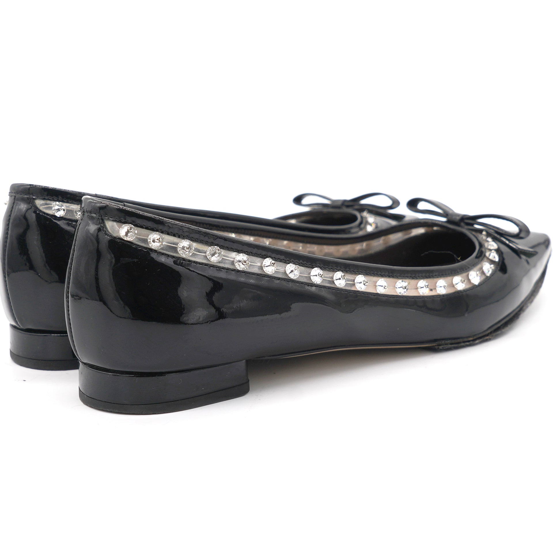 Black Patent Leather Studded Bow Pointed-Toe Flats 38