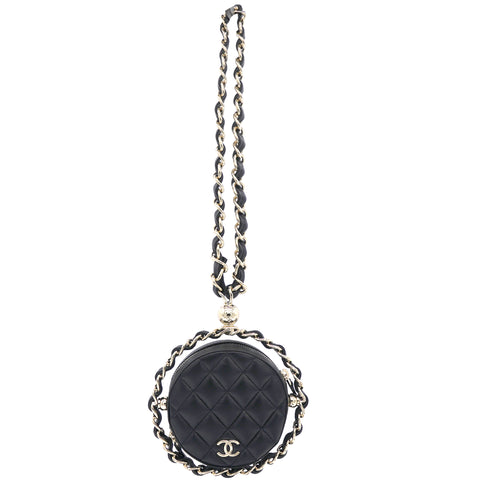 Lambskin Quilted Round Mini Chain Bag Black