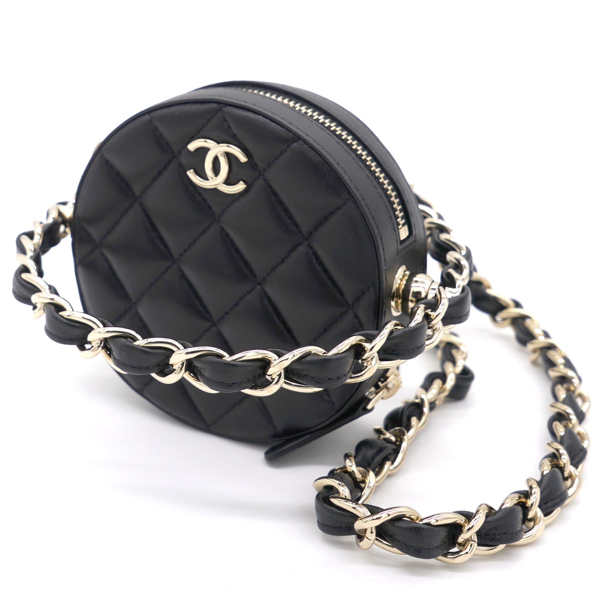 Chanel Navy Blue Quilted Velvet Round Clutch With Chain Gold