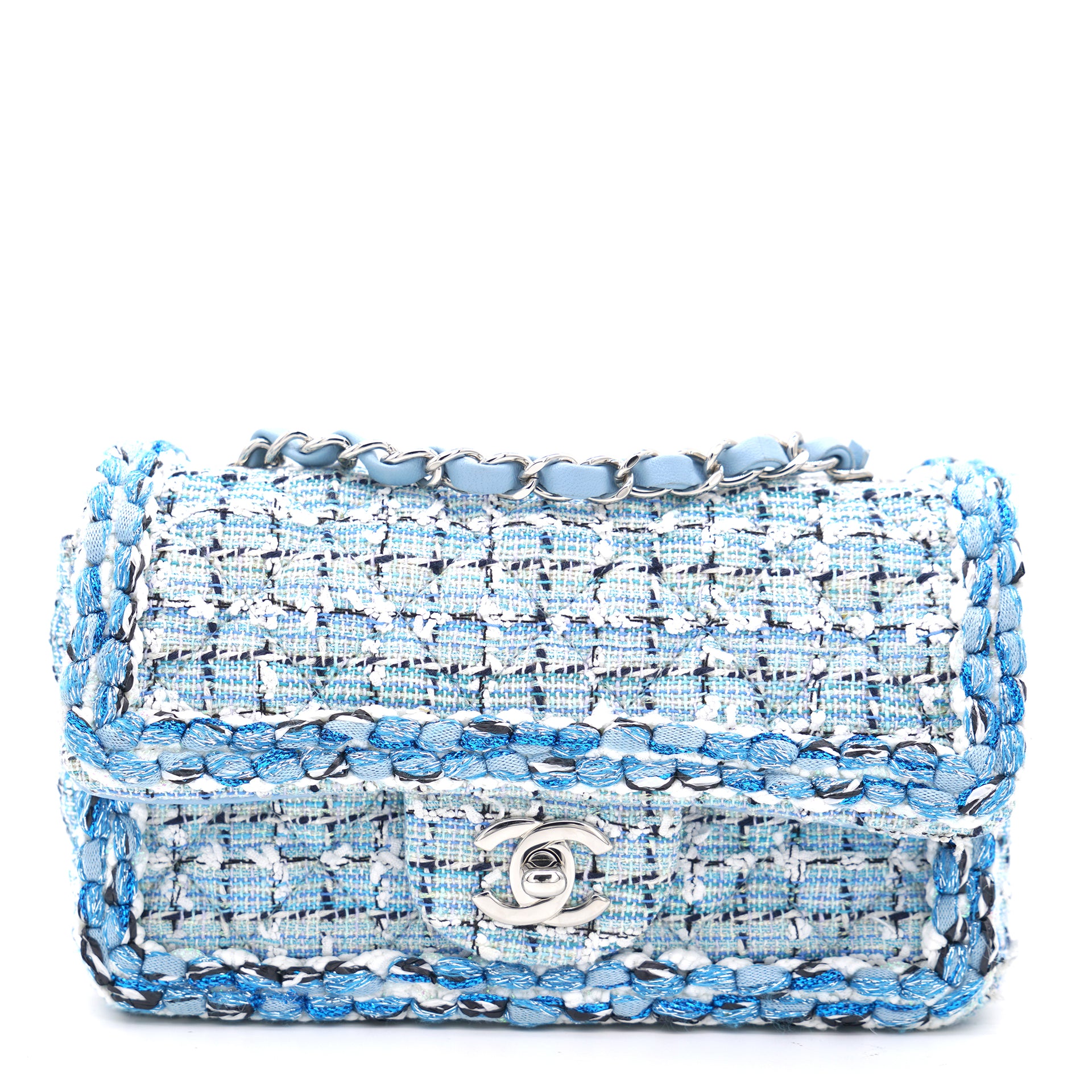 Chanel Tweed Quilted Mini Rectangular Flap Blue Multicolor
