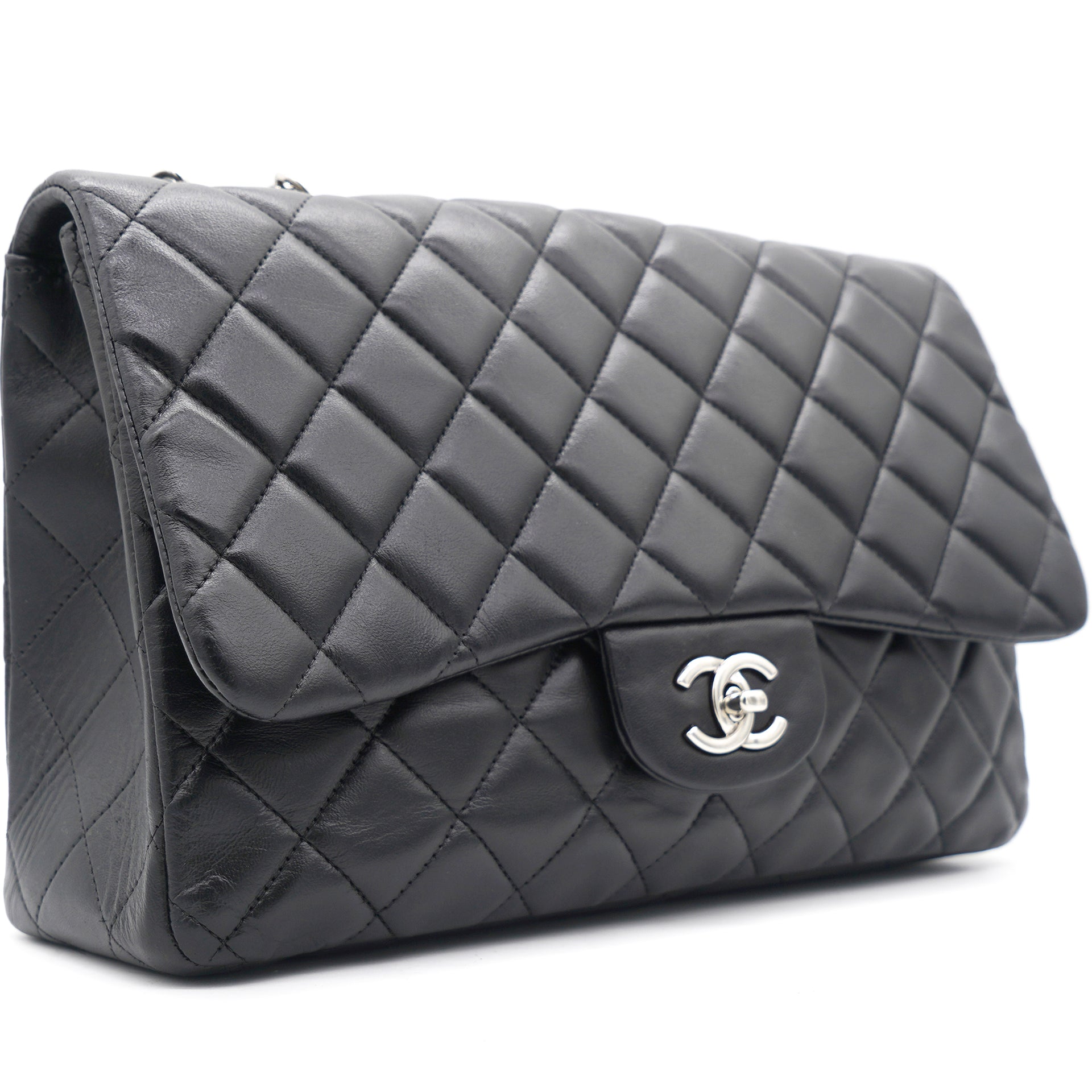 CHANEL Classic Black Quilted Caviar SHW Silver Chain Jumbo Large