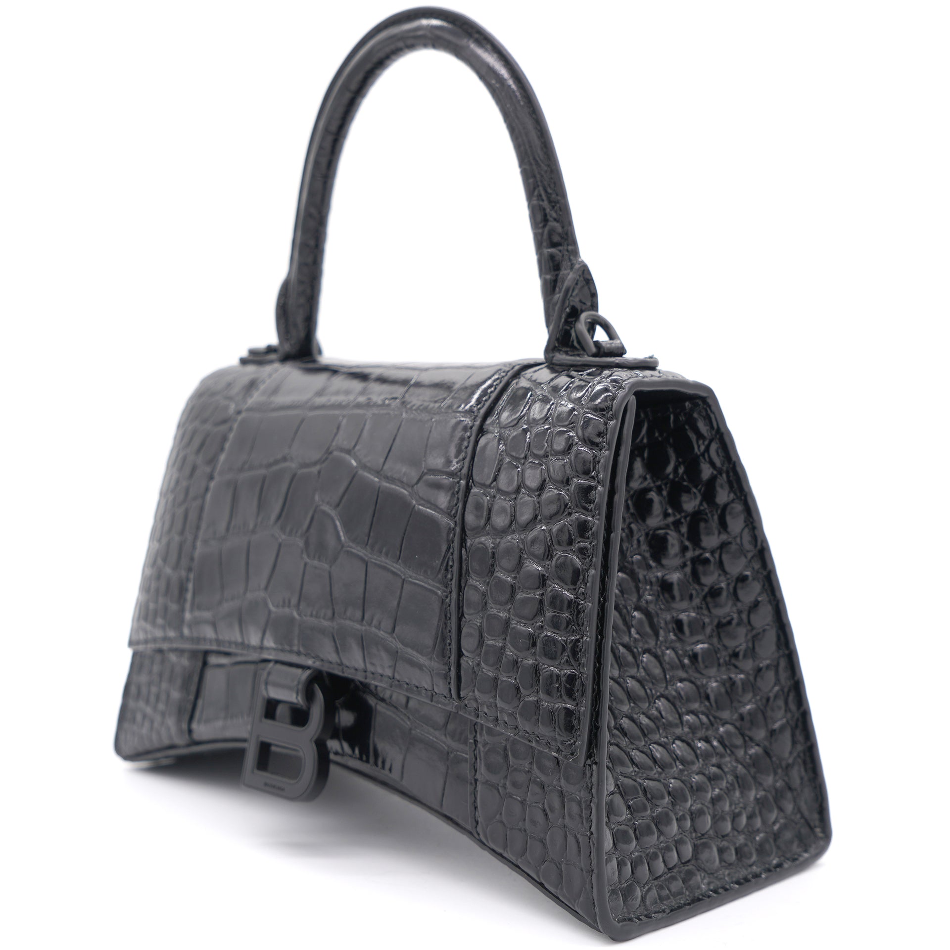 Shiny Calfskin Crocodile Embossed Hourglass Top Handle Bag Small Black