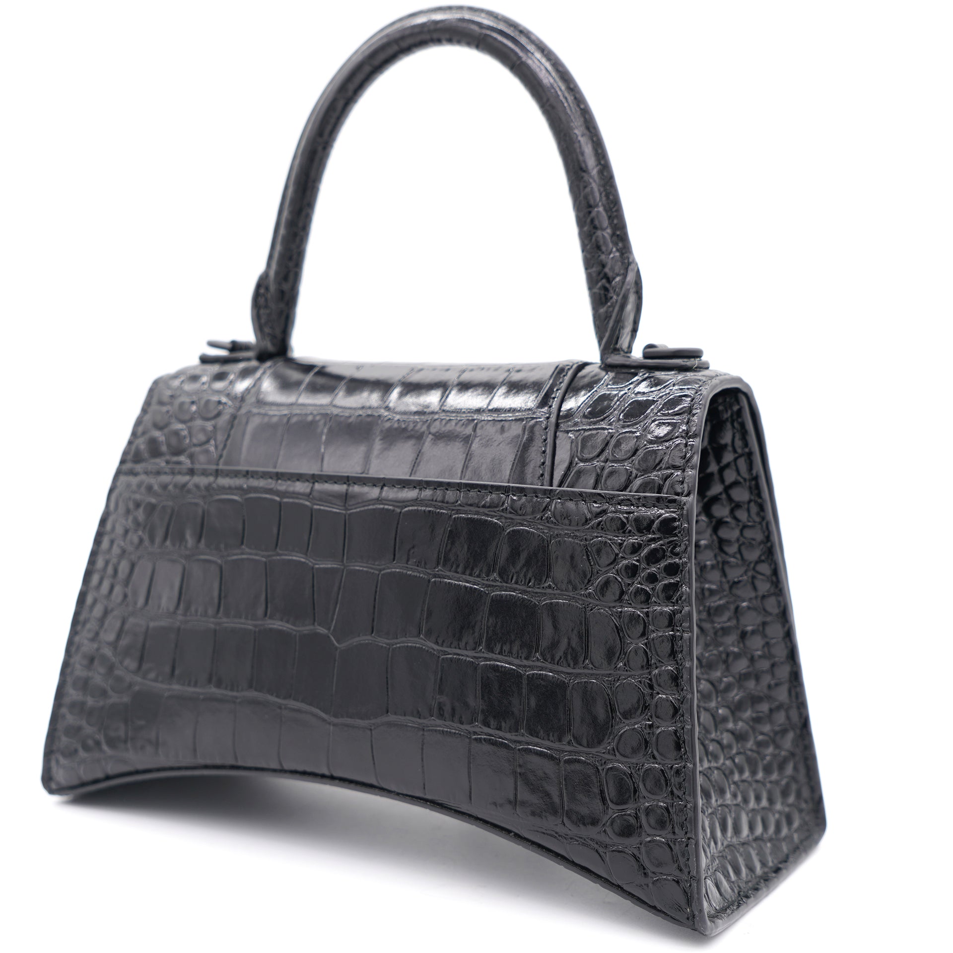 Shiny Calfskin Crocodile Embossed Hourglass Top Handle Bag Small Black