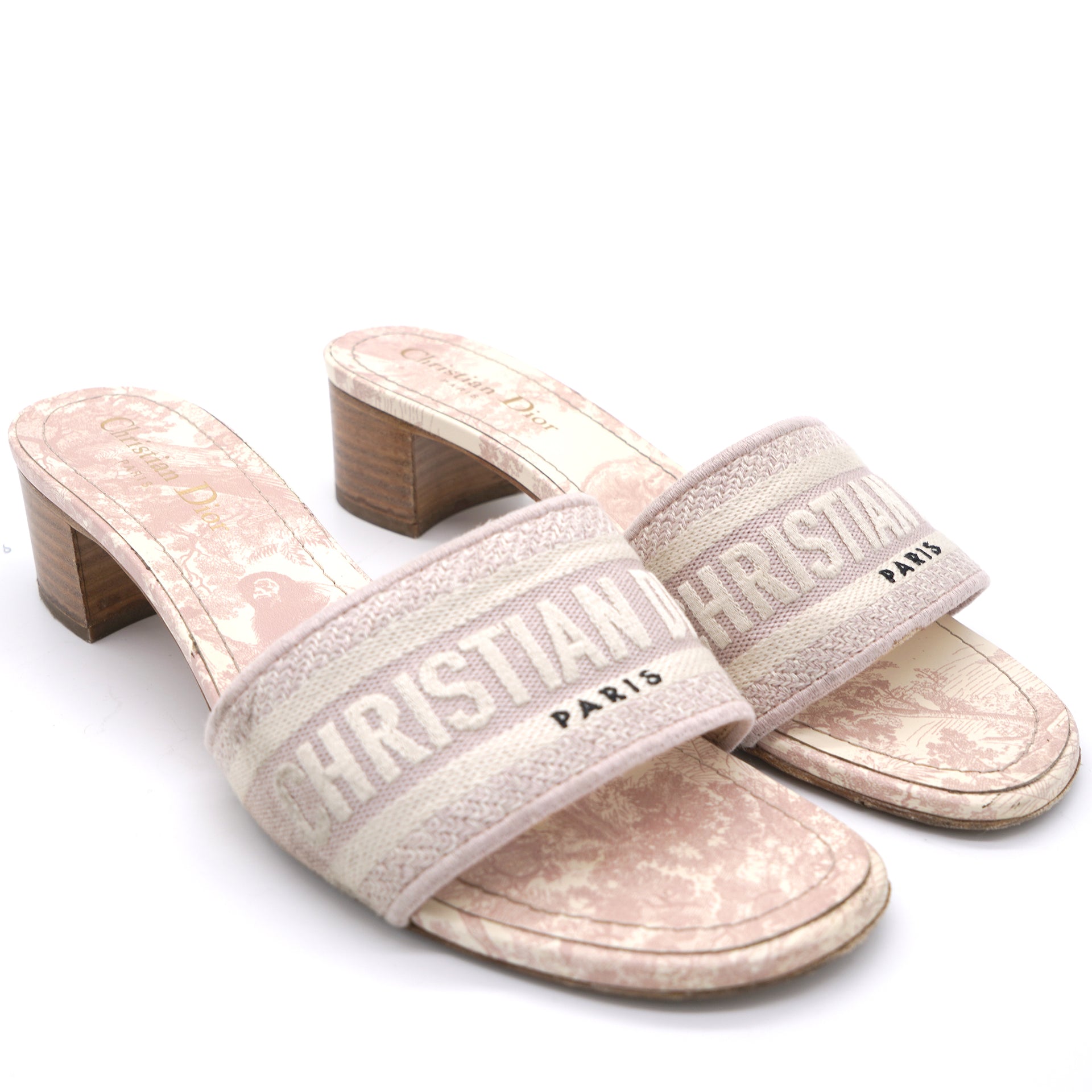 Dior Dway Heeled Mule Pink Toile de Jouy Stripes Cotton Embroidery 38.5
