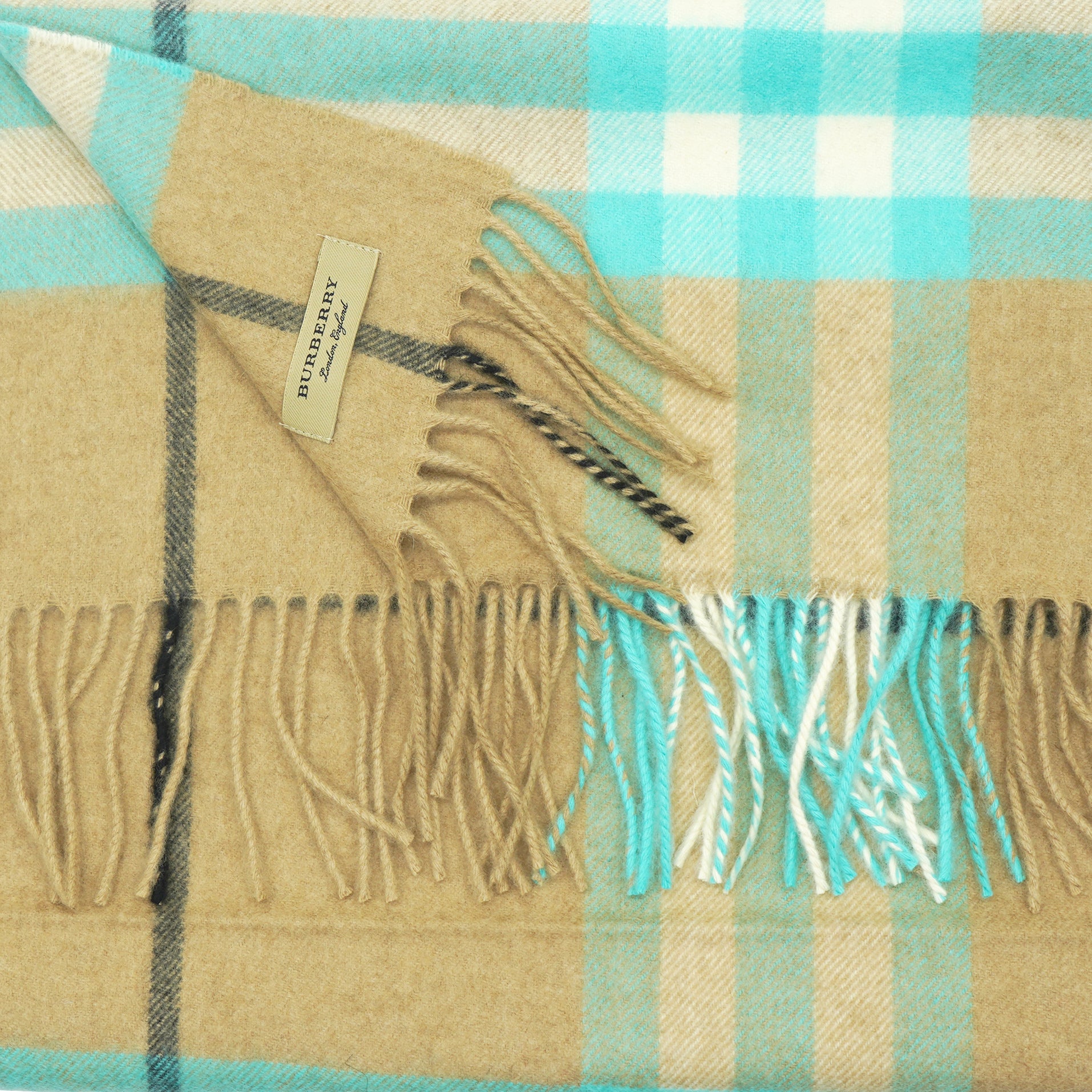 The Classic Check Cashmere Scarf Mid Camel/Turquoise