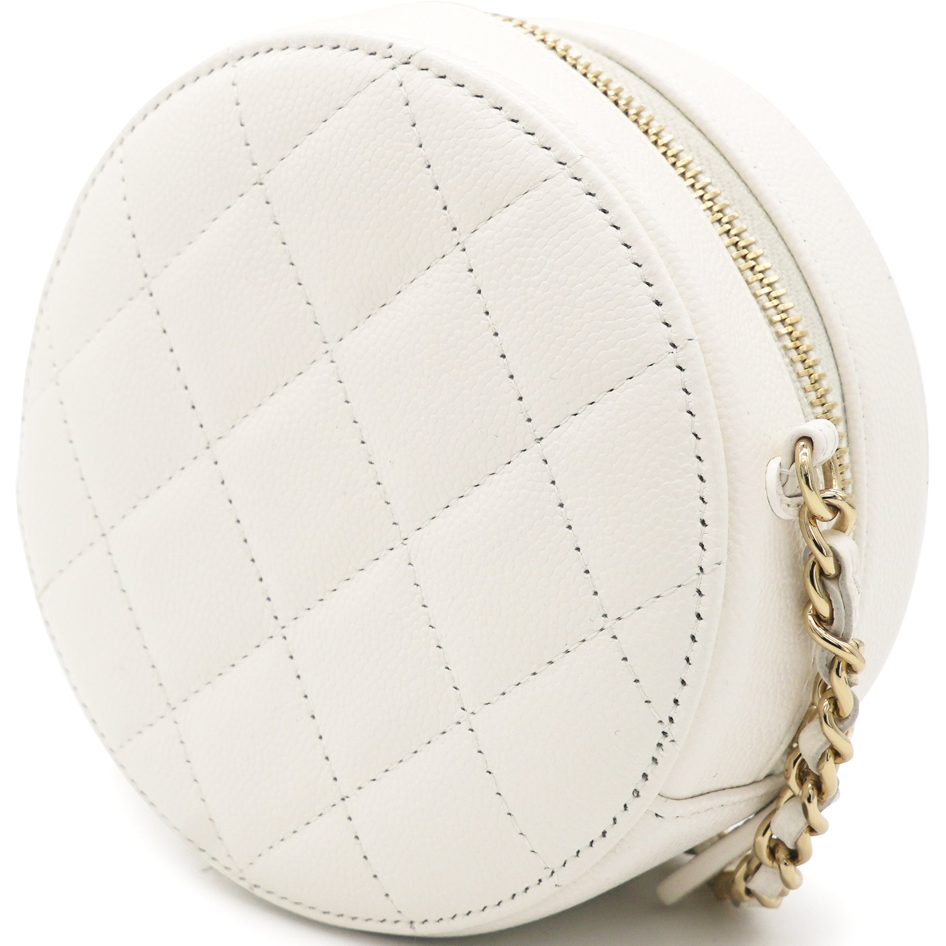 Caviar Quilted Round Clutch with Chain White