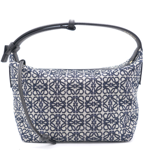Cubi Anagram small leather-trimmed logo-jacquard tote Navy