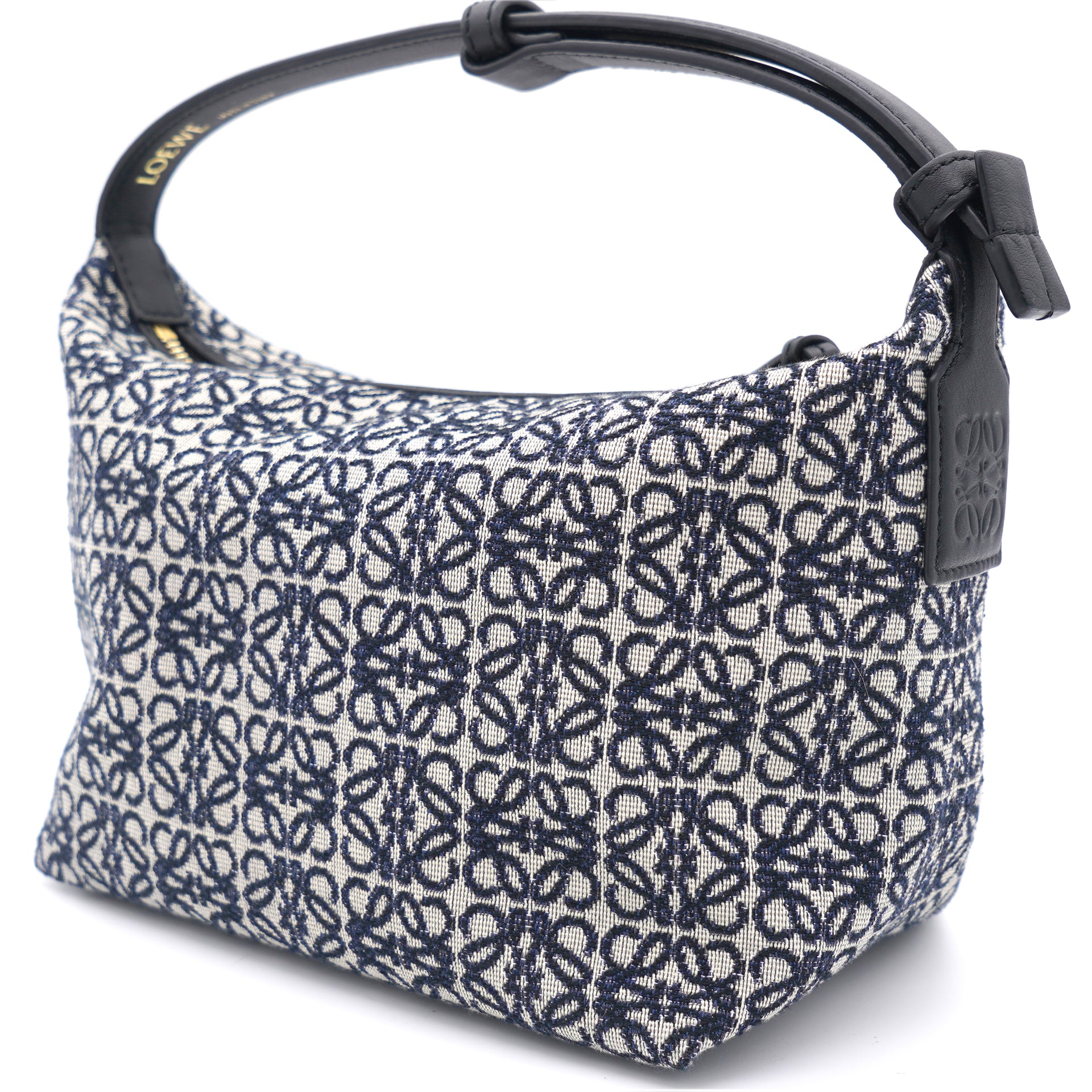 Cubi Anagram small leather-trimmed logo-jacquard tote Navy