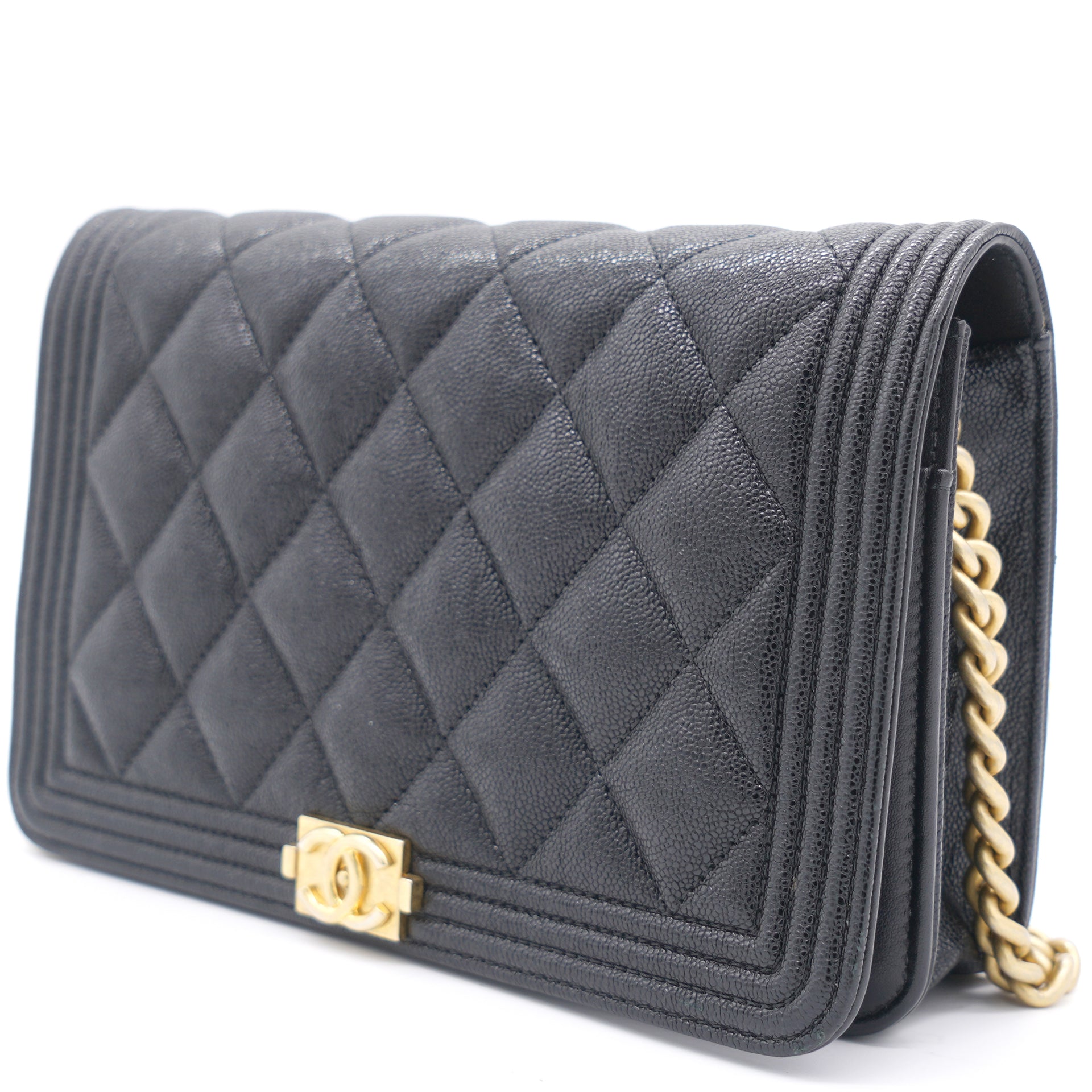 Chanel Boy Wallet On Chain Quilted Caviar Gold-tone Black/Army Green - US