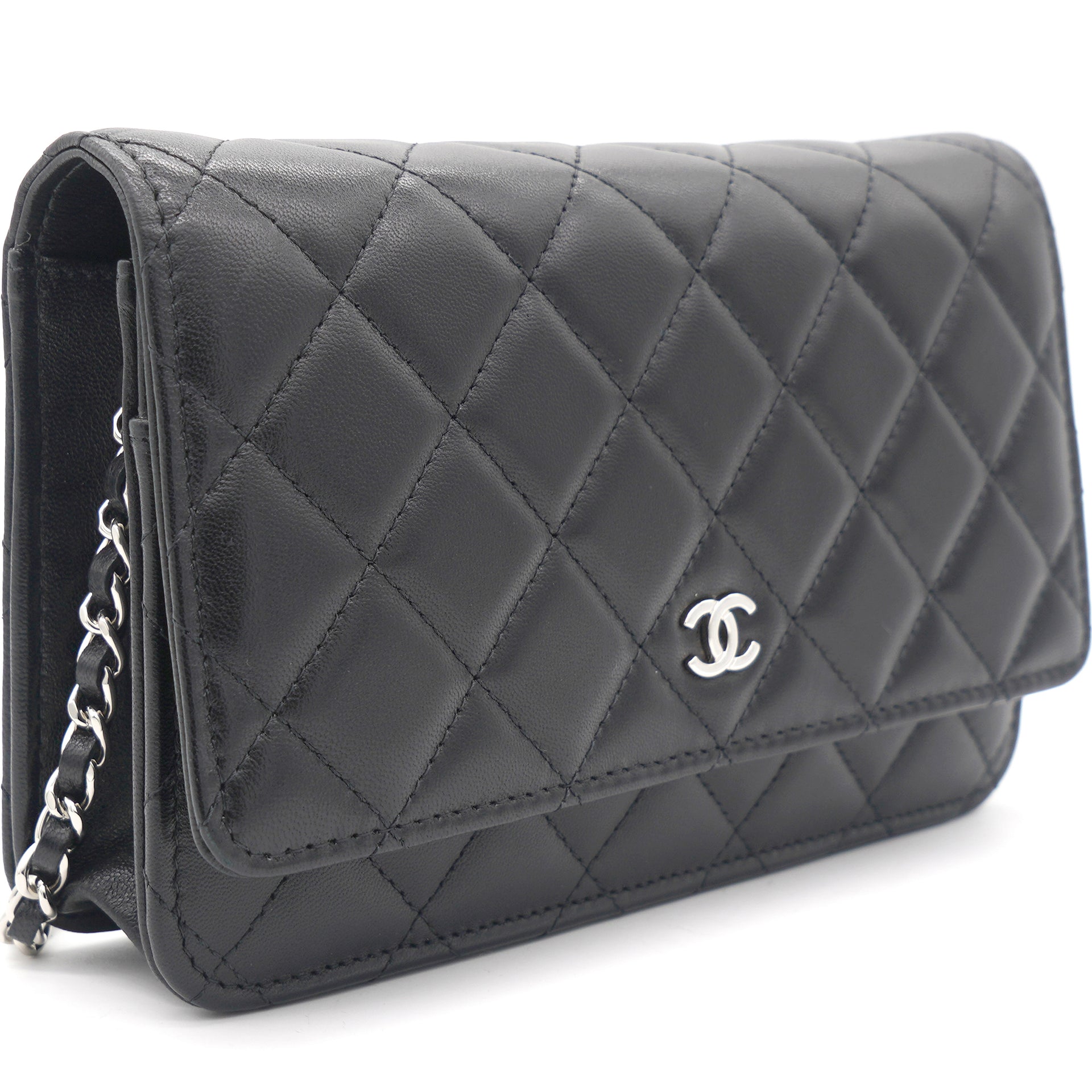 Chanel Lambskin Quilted Wallet On Chain WOC Black/Silver