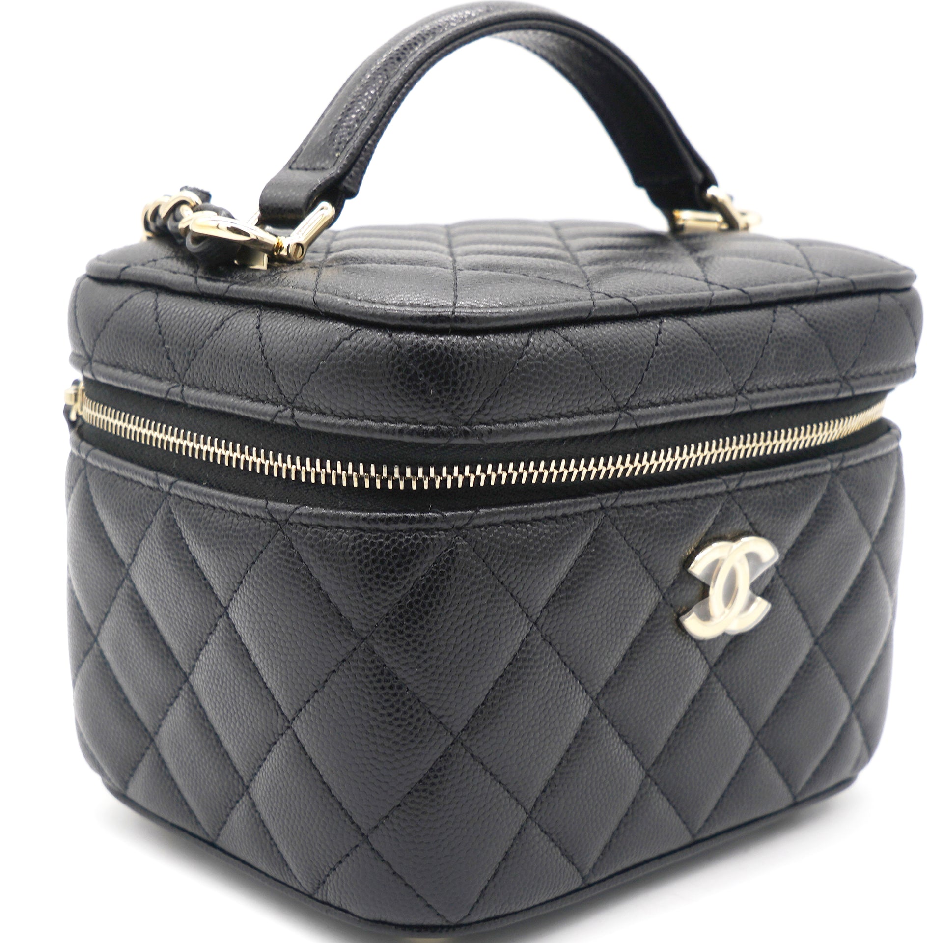 Black Caviar Quilted Leather Vanity Case Top Handle Bag – STYLISHTOP