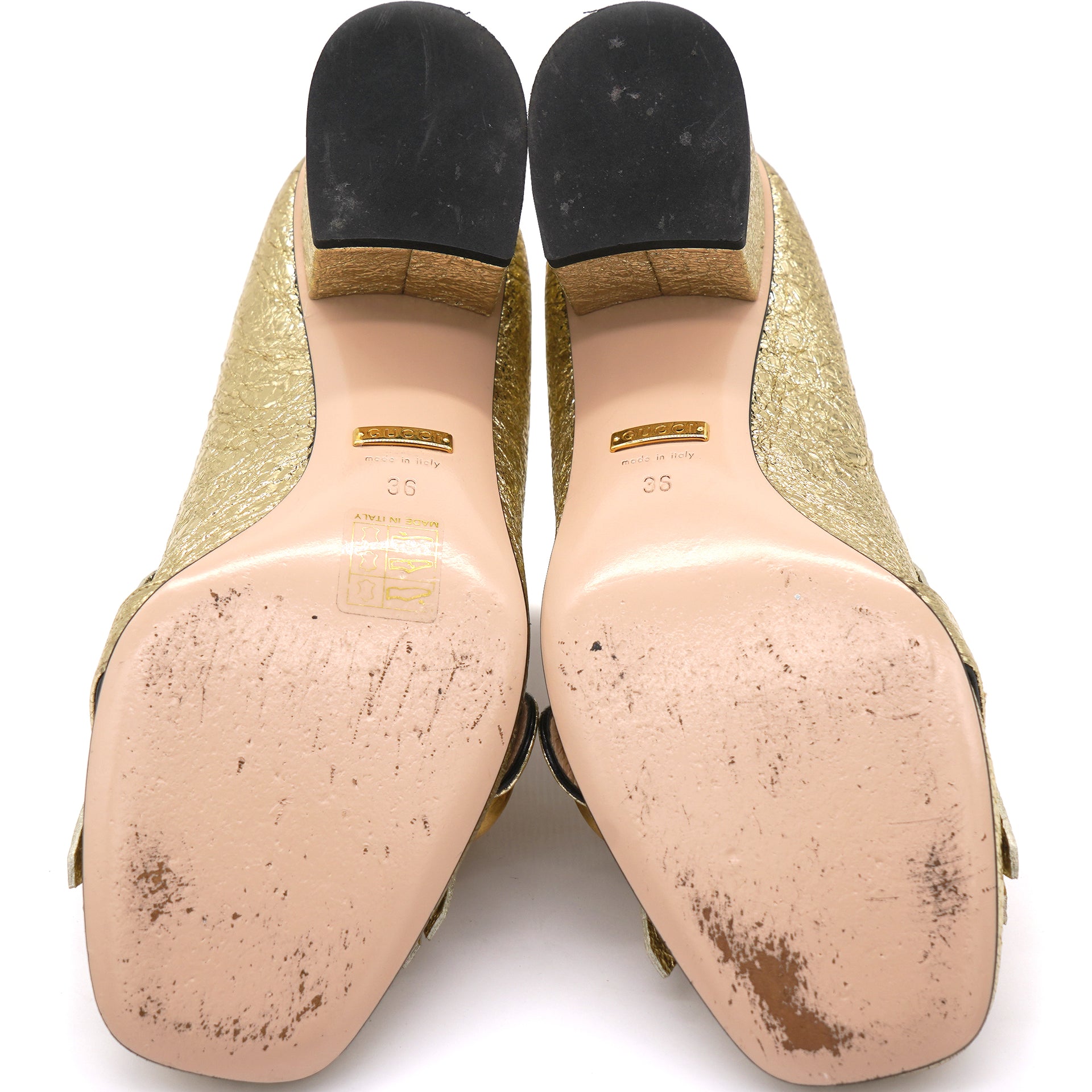 Gold Crackled Leather GG Marmont Fringe Block Heel Pumps 36