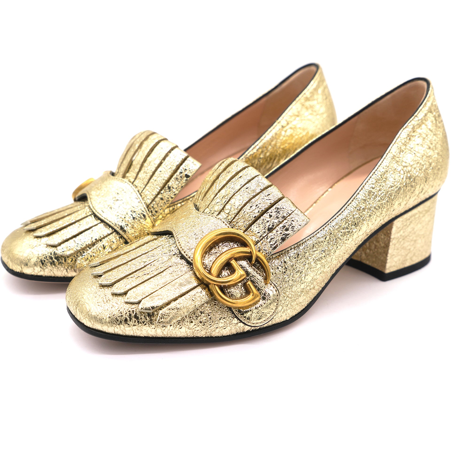 GUCCI Marmont Fringe Double GG Crackle Gold Loafers Heels sz 36.5