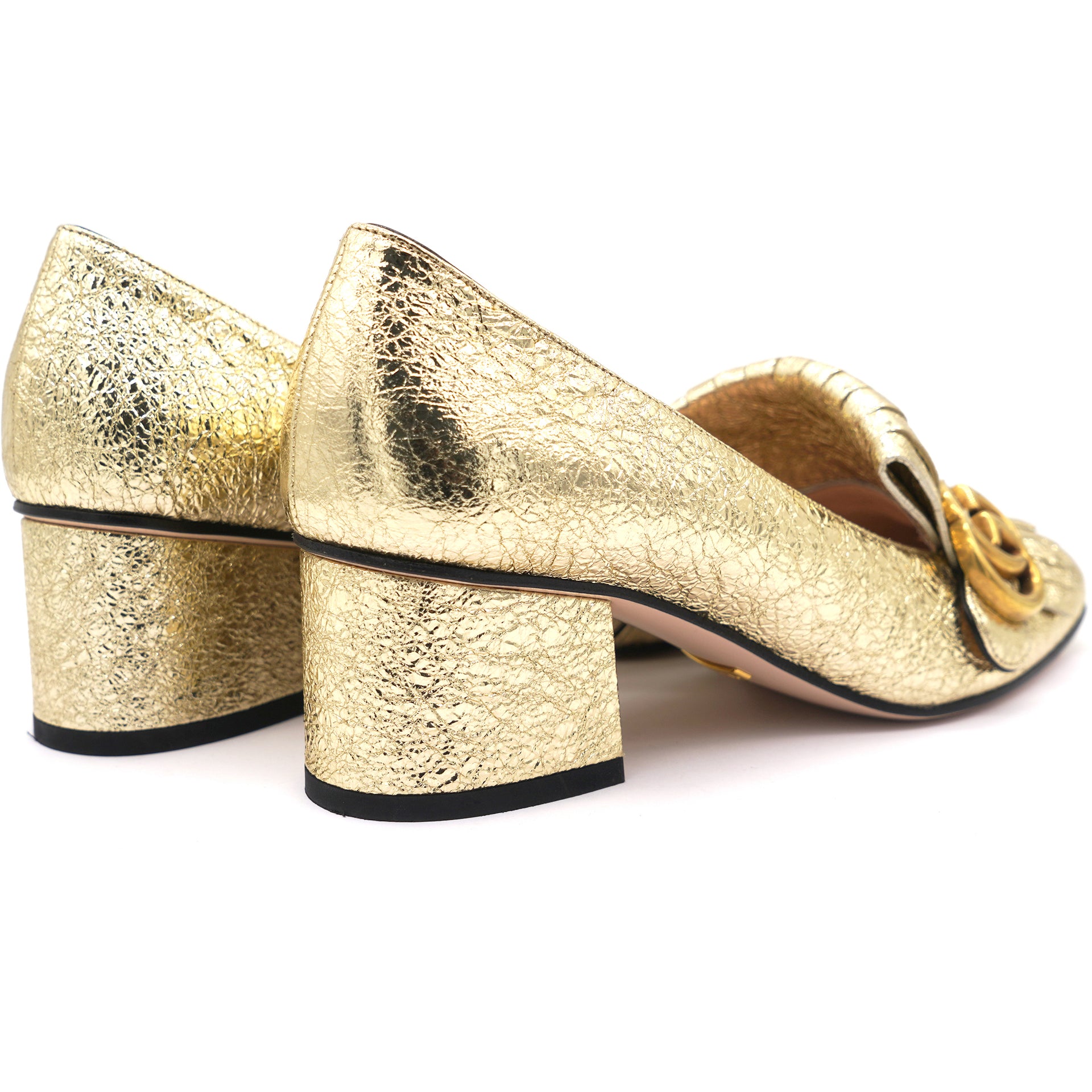 Gold Crackled Leather GG Marmont Fringe Block Heel Pumps 36