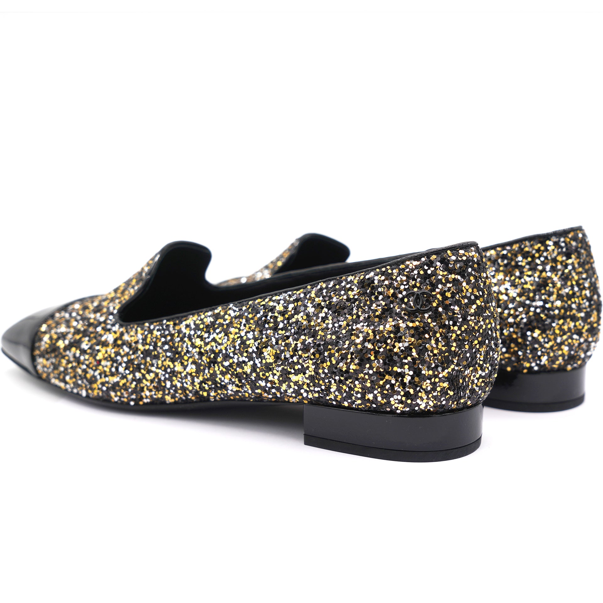 Glitter and Black Patent Leather Cap Toe Loafers 38.5