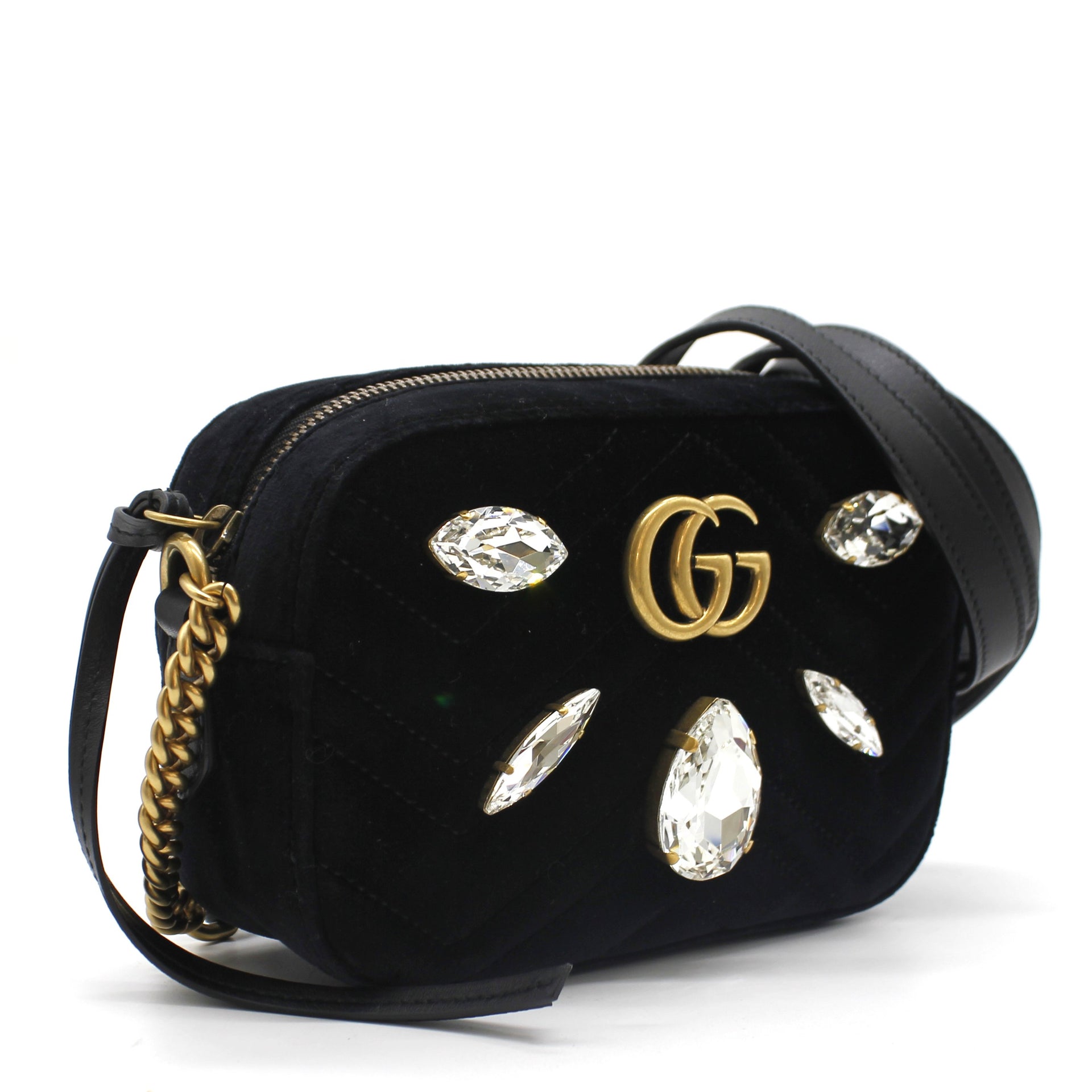 Gucci Velvet Matelasse Marquise Crystals Mini GG Marmont Bag Black