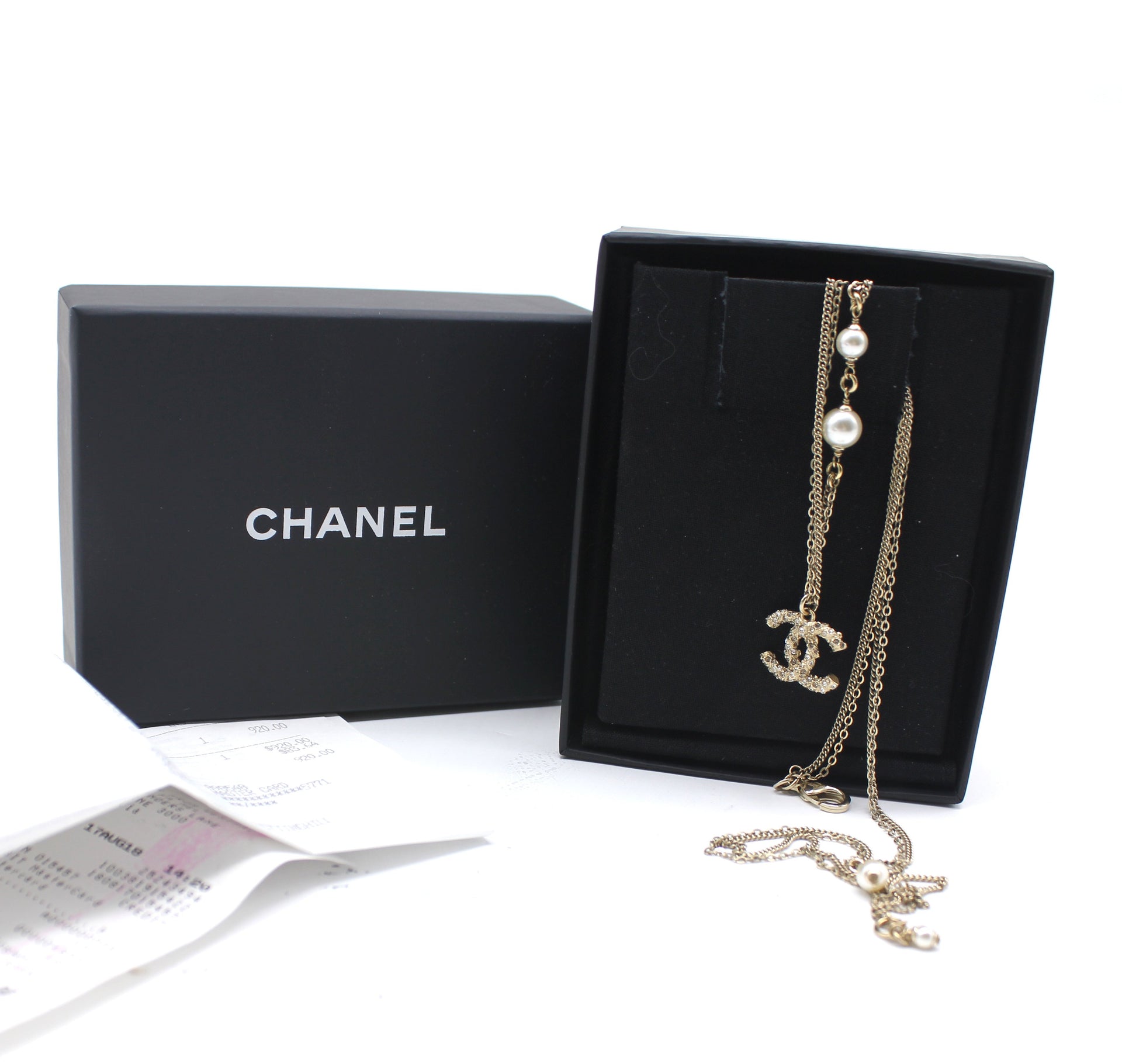 Chanel Light Gold Twisted Crystal CC Faux Pearl Necklace