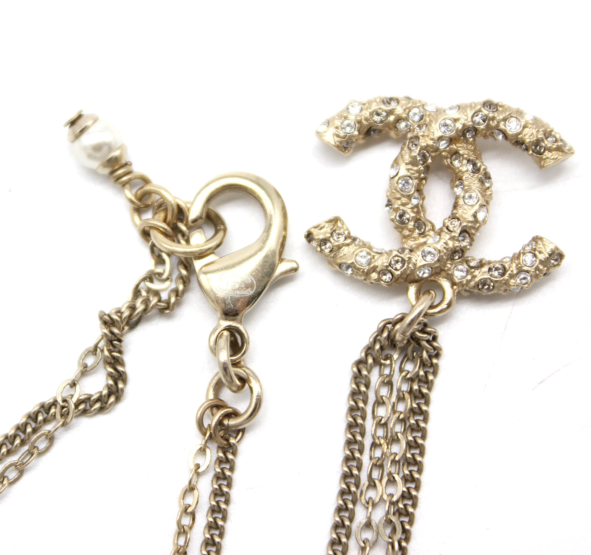 Chanel Gold Tone Chain & Faux Pearl CC Drop Necklace Chanel