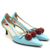 Blue Leather Unia Cherry Bamboo Heel Pointed Toe Pump 34.5