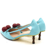 Blue Leather Unia Cherry Bamboo Heel Pointed Toe Pump 34.5