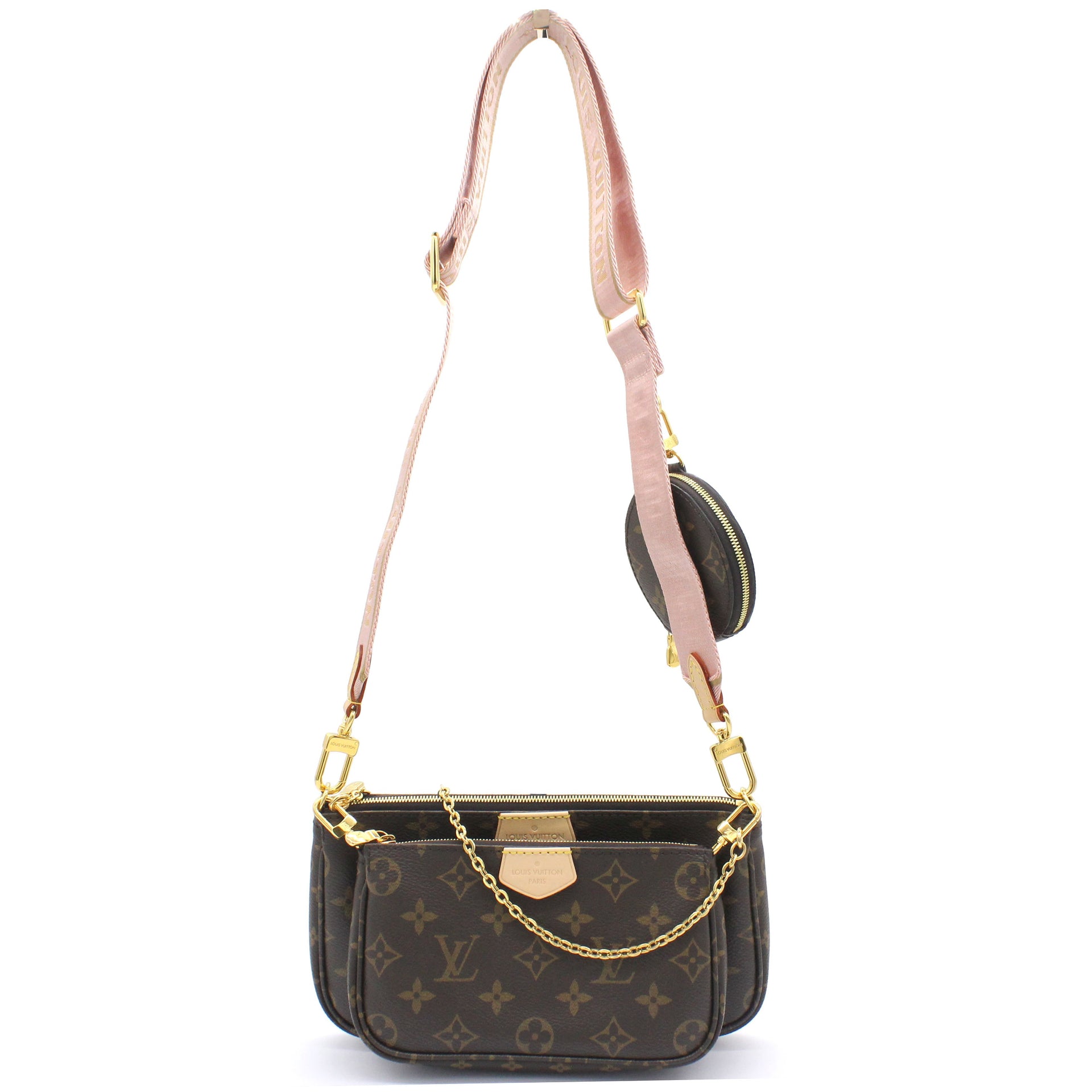 Luxury Inspired, Multi Pochette Cross-Body with Pink Strap (Pink