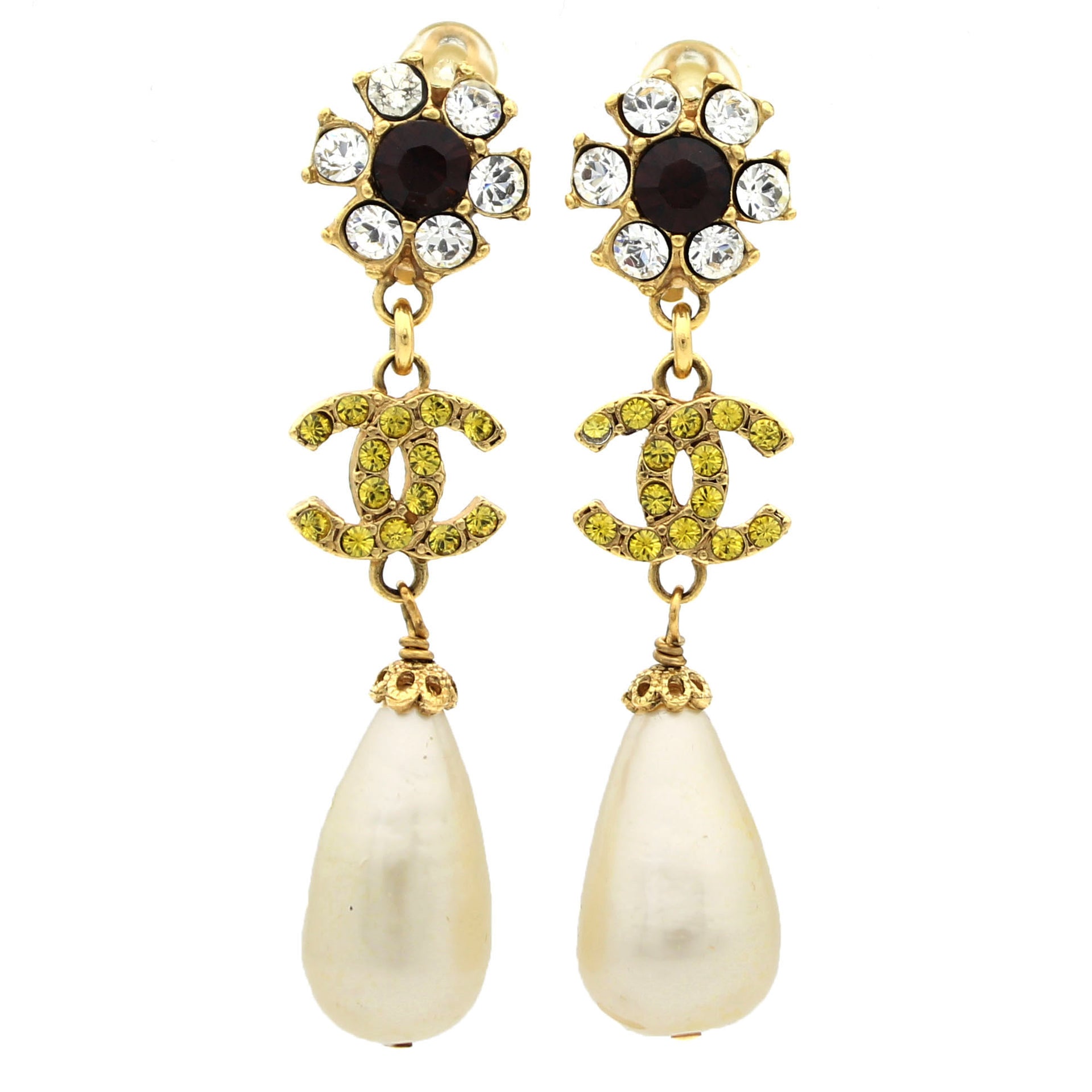 Chanel Vintage Clip on Drop Pearl Crystals Logo Earrings – STYLISHTOP