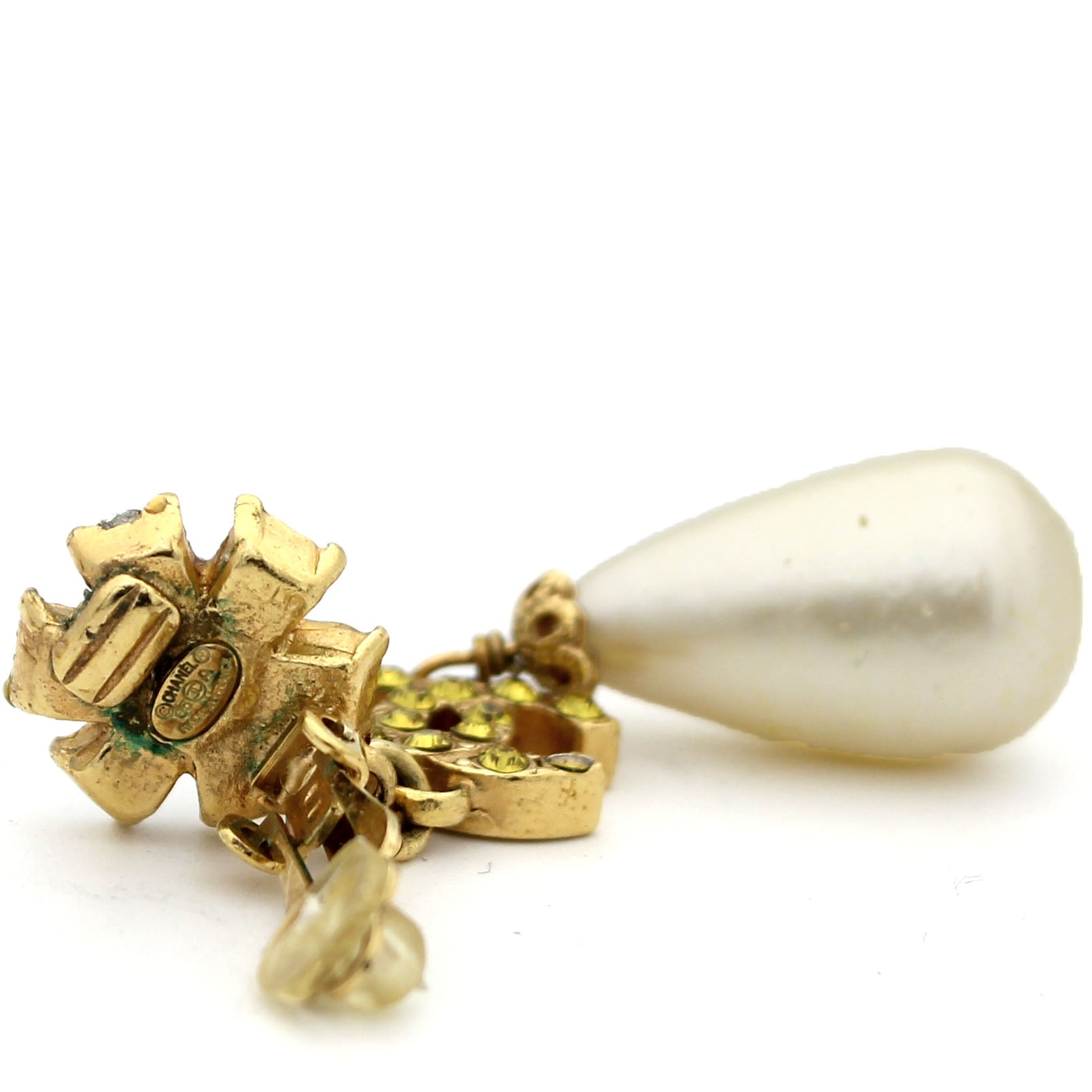 Vintage Clip on Drop Pearl Crystals Logo Earrings