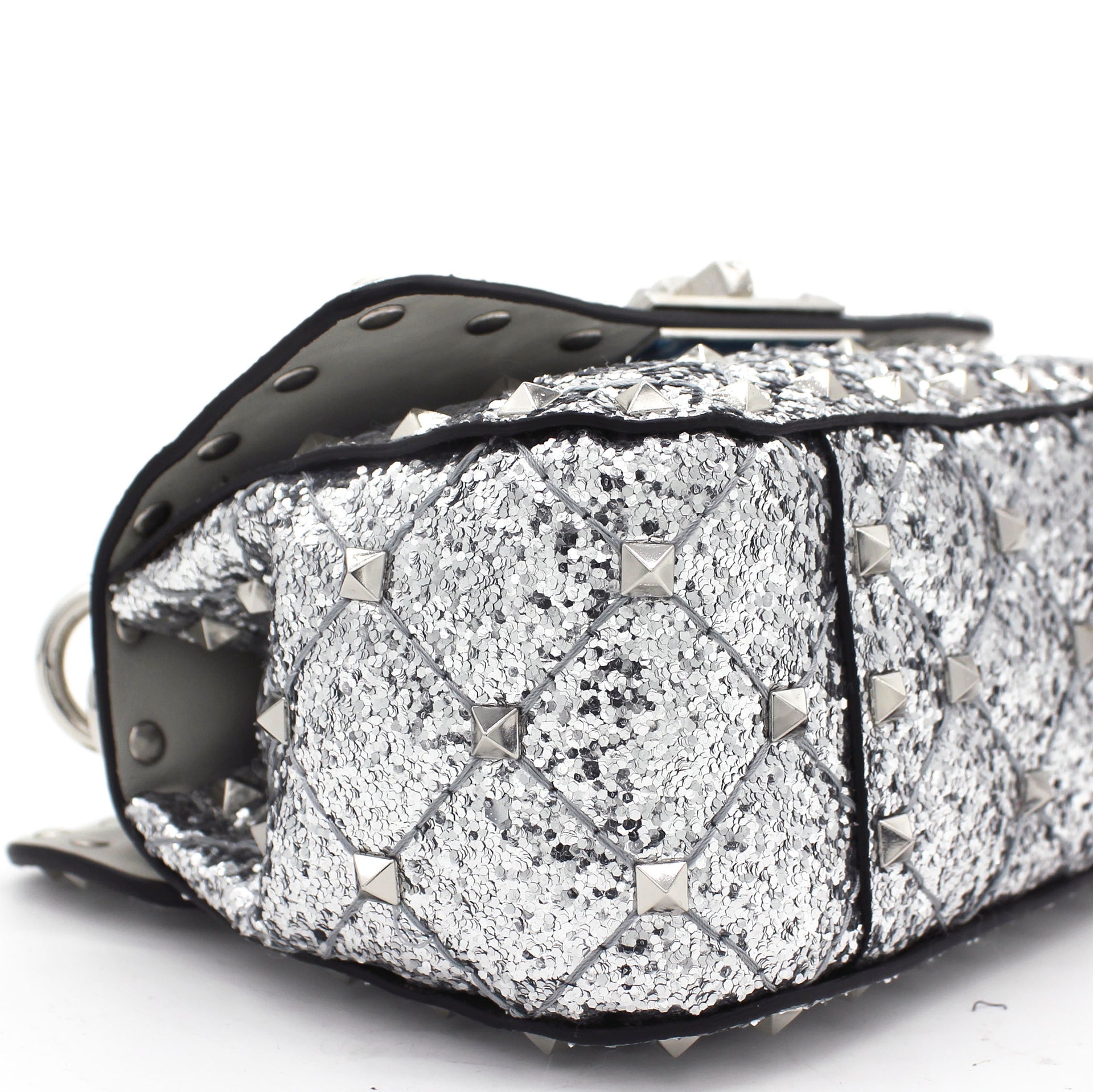 Silver Leather Micro Rockstud Spike Crossbody Bag