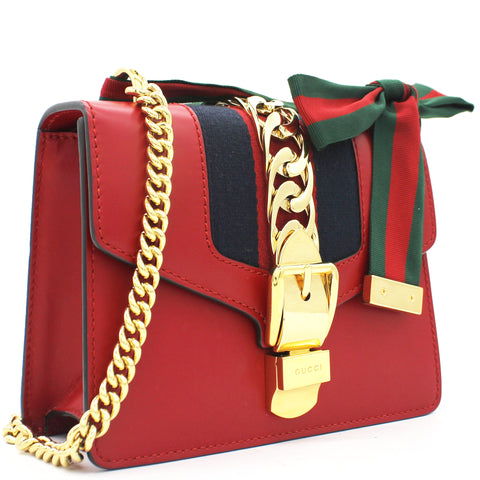 Red Leather Mini Web Chain Sylvie Shoulder Bag