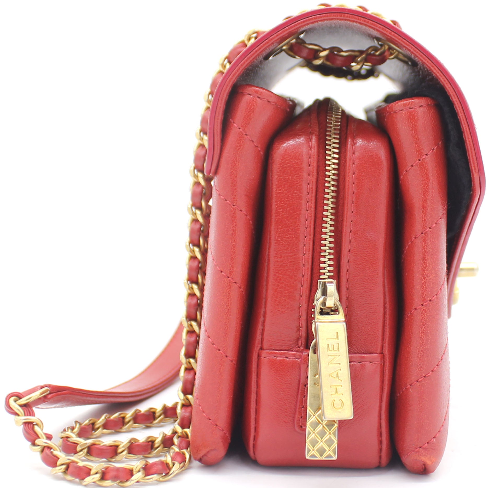 Calfskin Chevron Stitched Small Coco Flap Bag Red