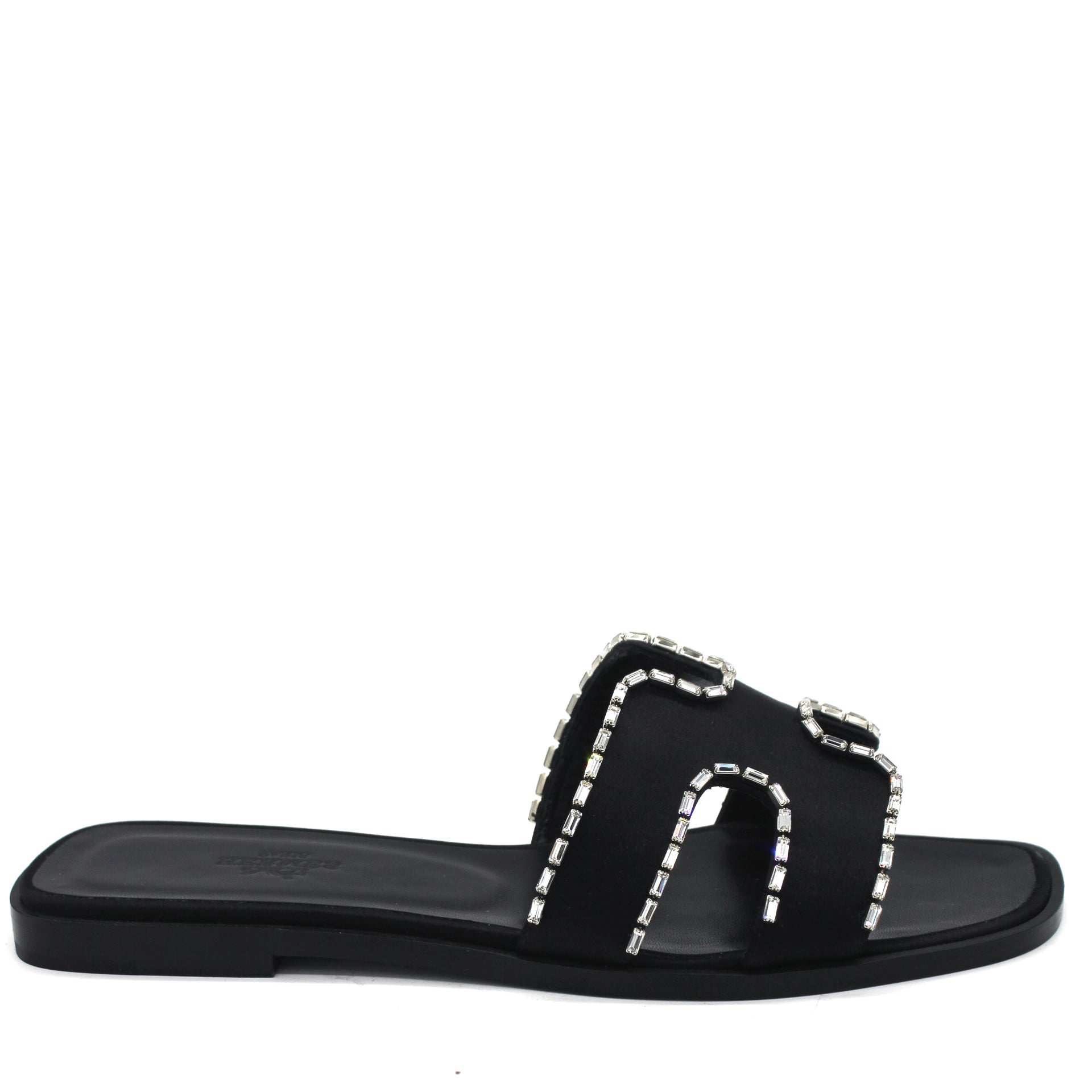 Black Satin and Strass Crystal Oran H Slide Sandals 38