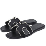 Black Satin and Strass Crystal Oran H Slide Sandals 38