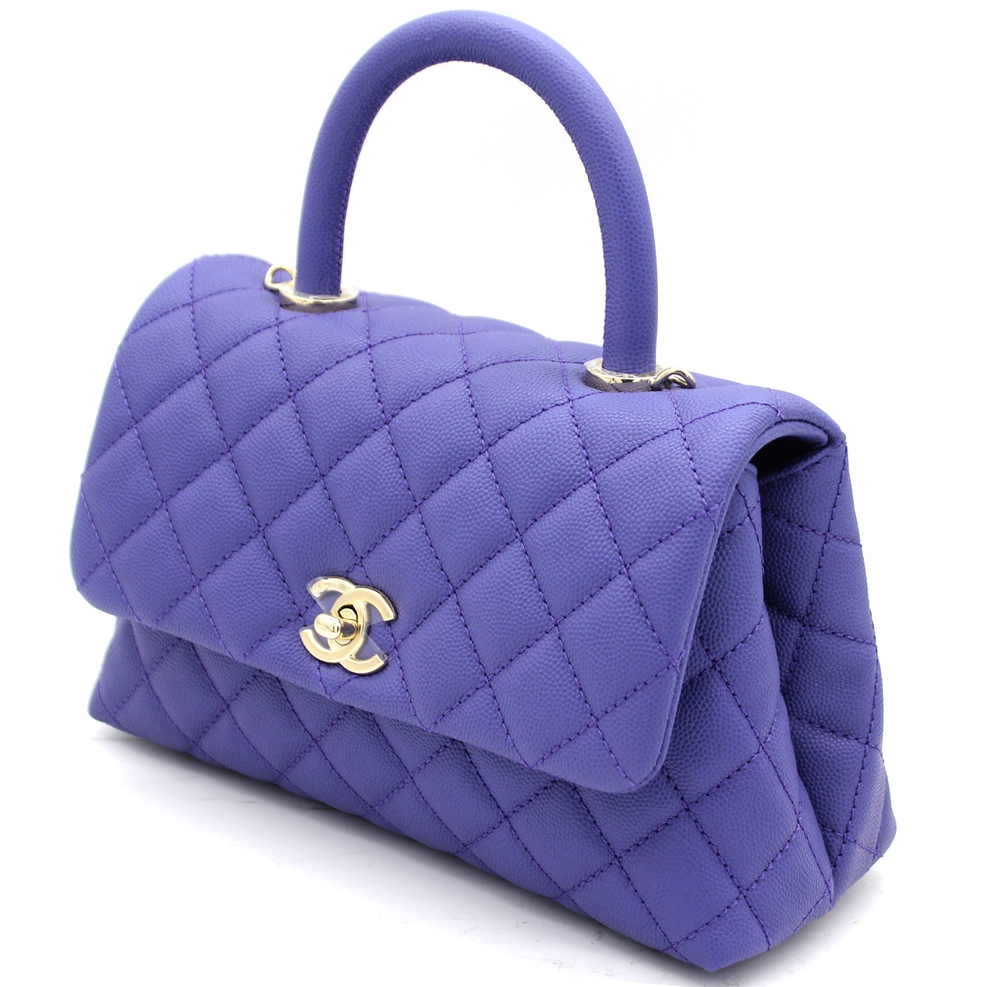 NIB 19K Chanel Purple Caviar Small Coco Handle Chevron Flap Bag