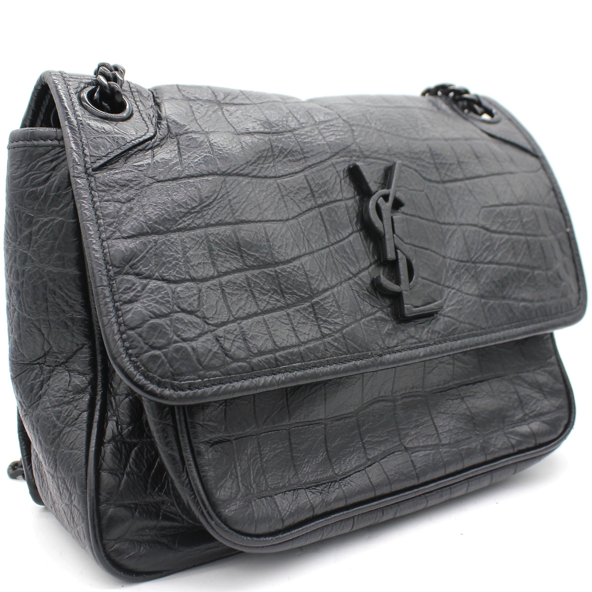 Black Embossed Crocodile Calfskin Leather Medium Niki Shoulder Bag