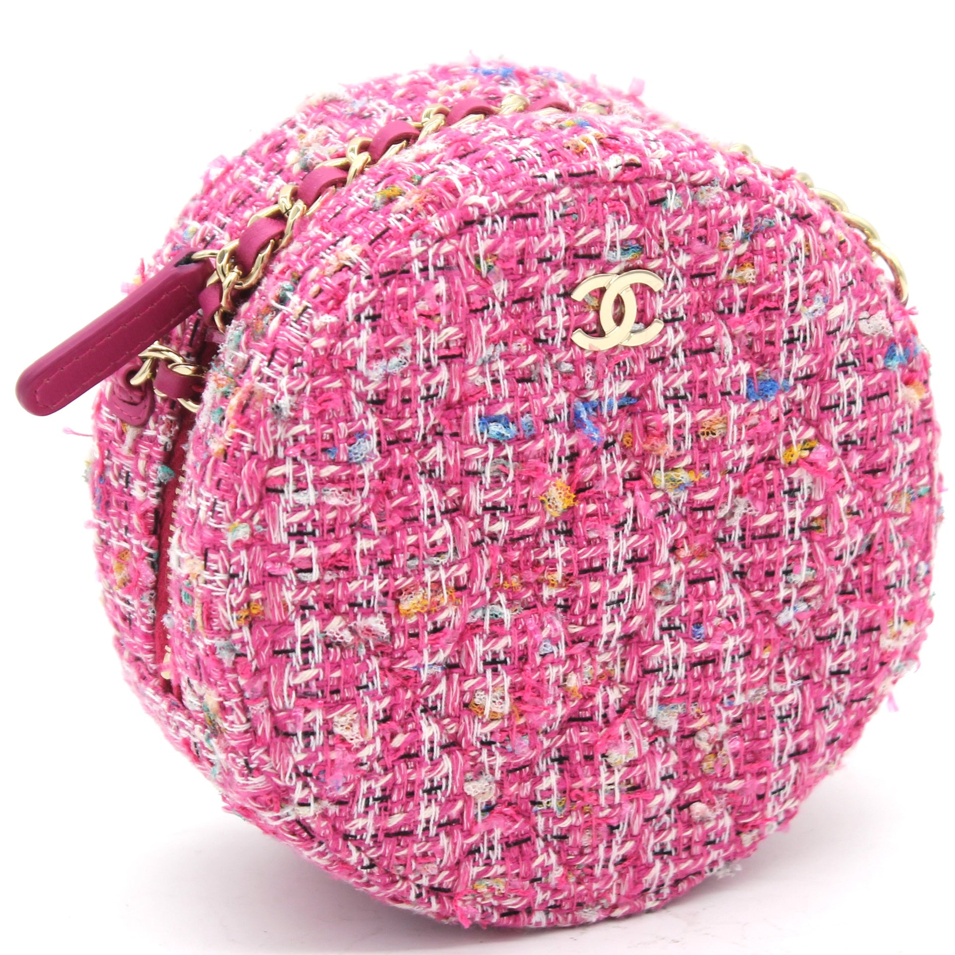 CC Tweed Fabric Round Clutch With Chain