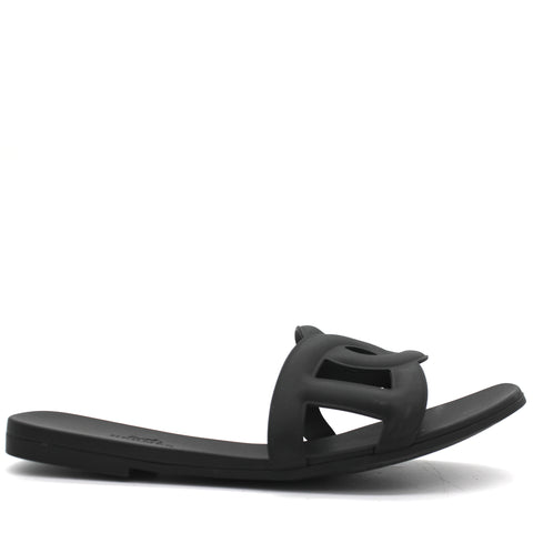 Black Rubber Aloha Flat Sandals 38