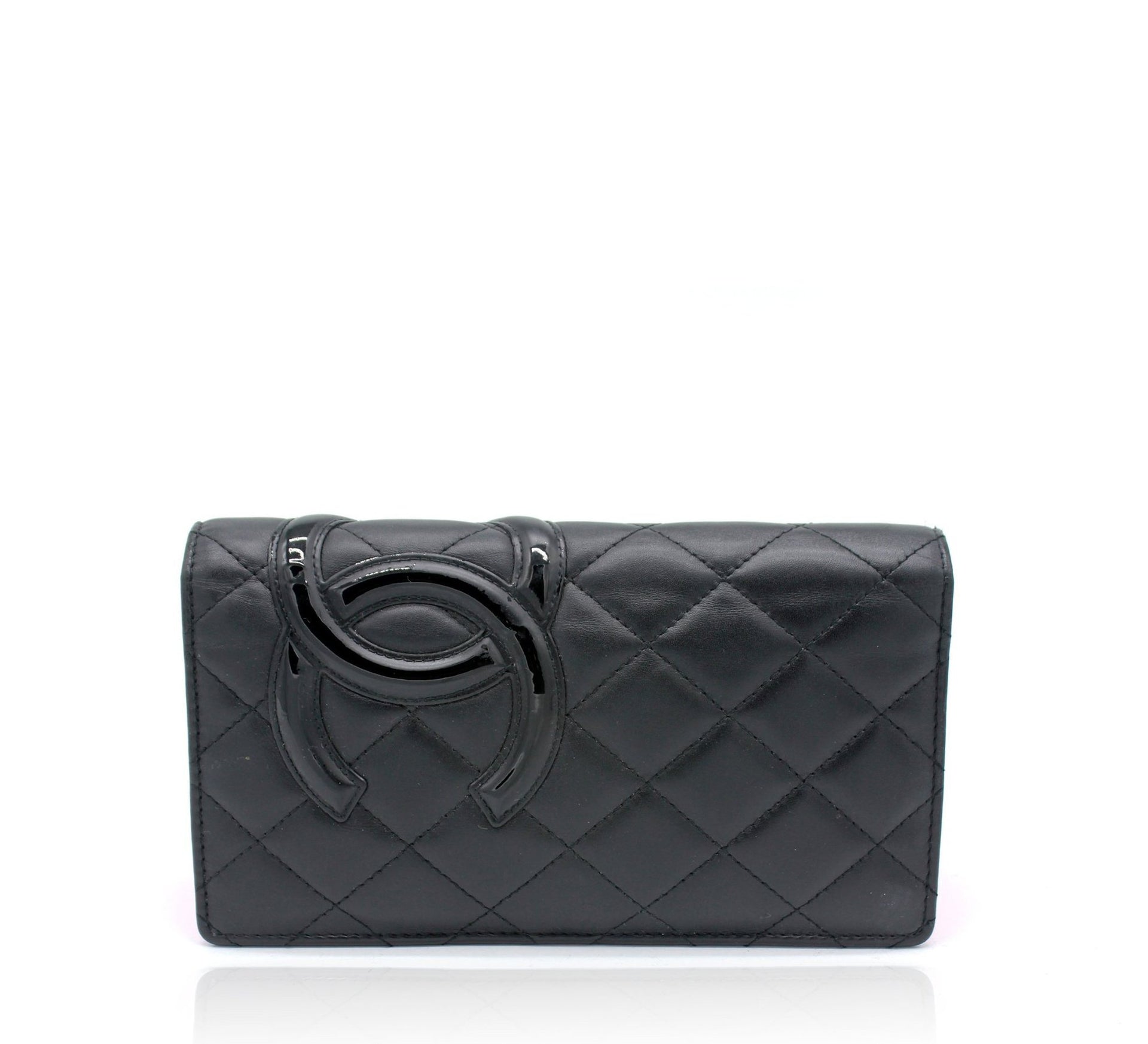 Authentic CHANEL Cambon White CC Black Quilted Calfskin Bifold 