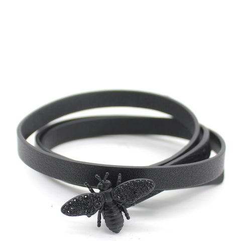 So Black Crystal Bee Leather Double Wrap Bracelet