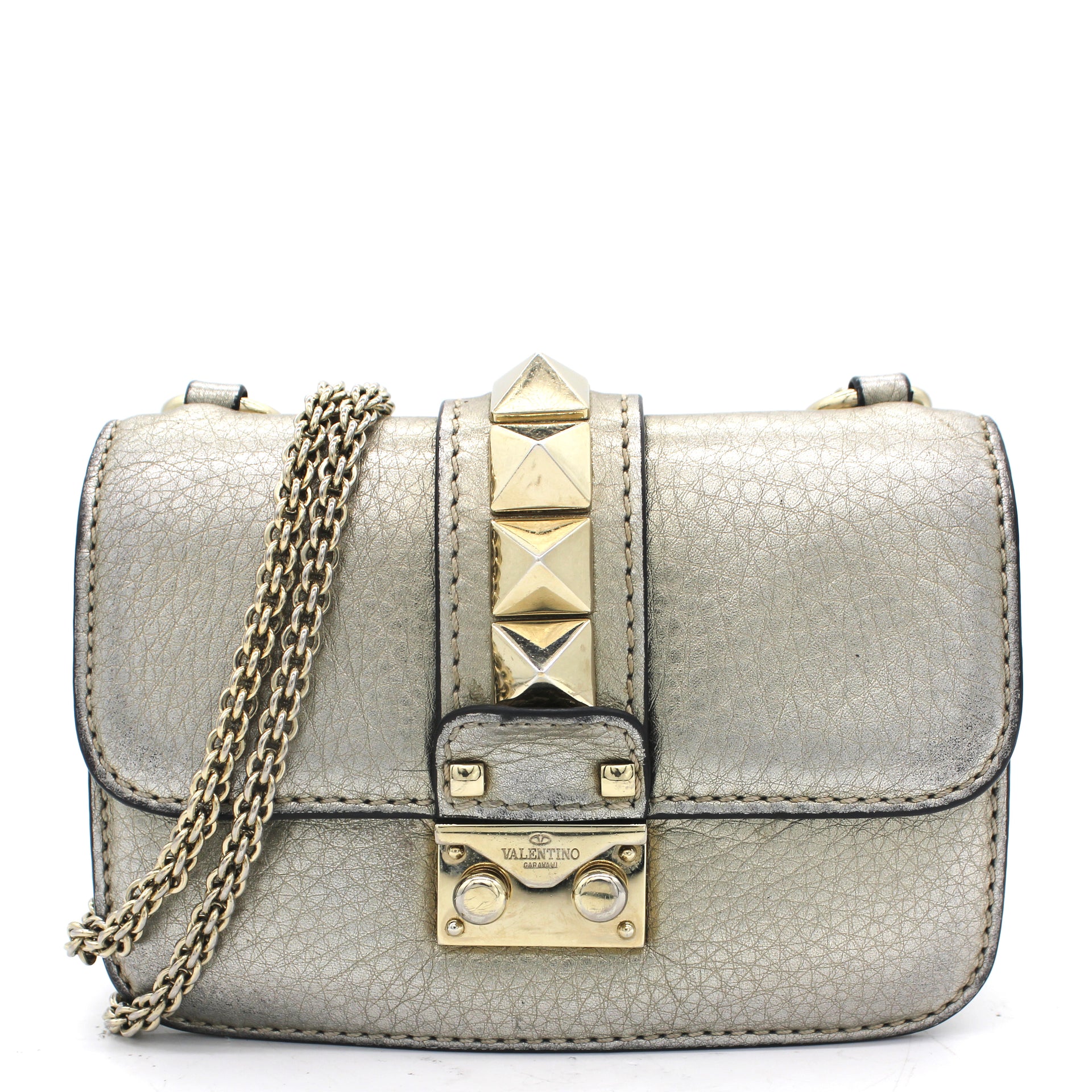 Champagne Gold Leather Rockstud Glam Lock Small Flap Bag