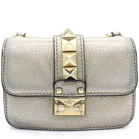 Champagne Gold Leather Rockstud Glam Lock Small Flap Bag