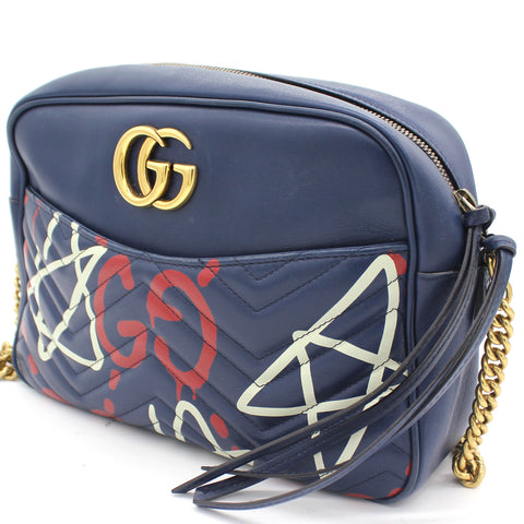 Calfskin GucciGhost Print Medium GG Marmont Shoulder Bag Blue
