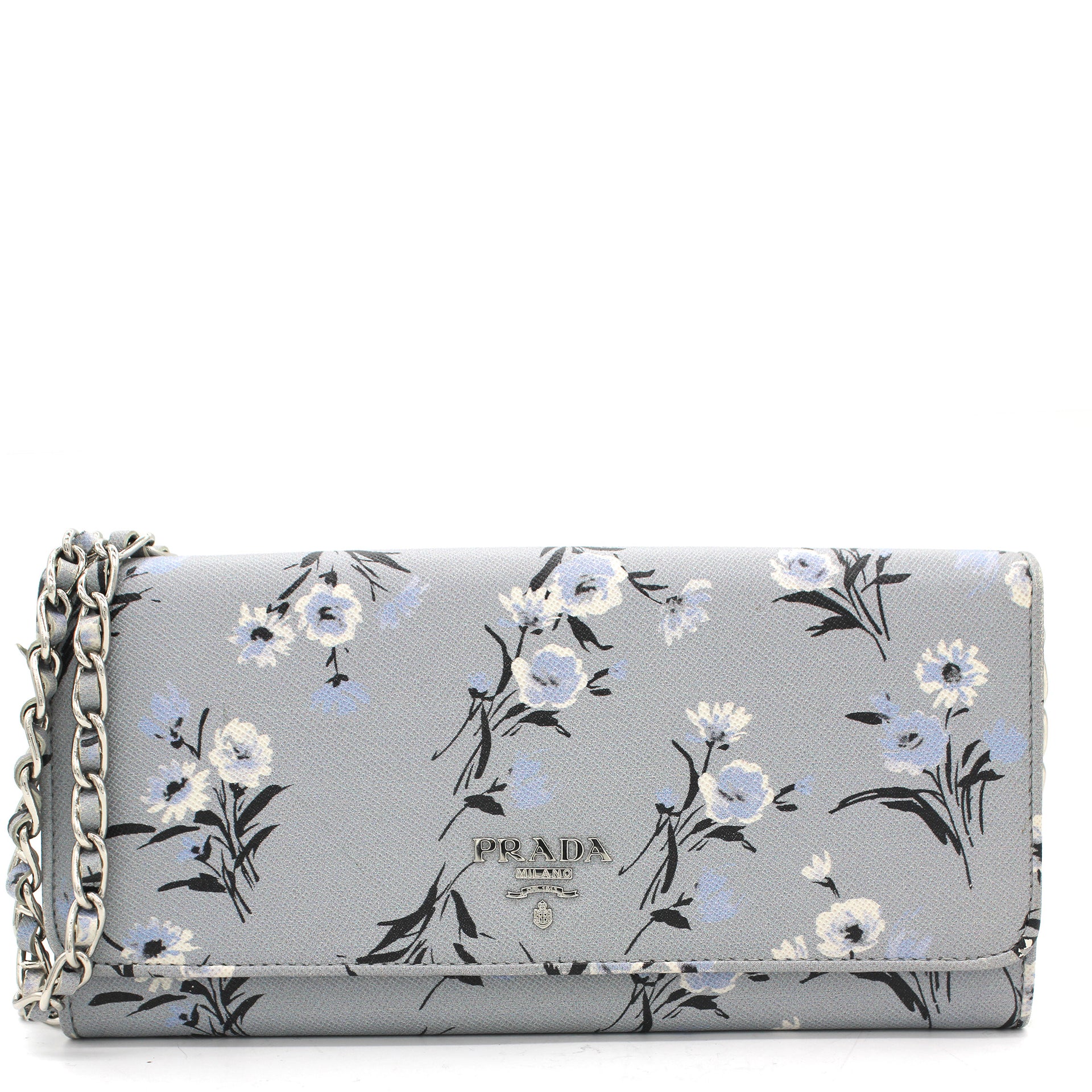 Pale Blue Floral Print Saffiano Leather Wallet On Chain