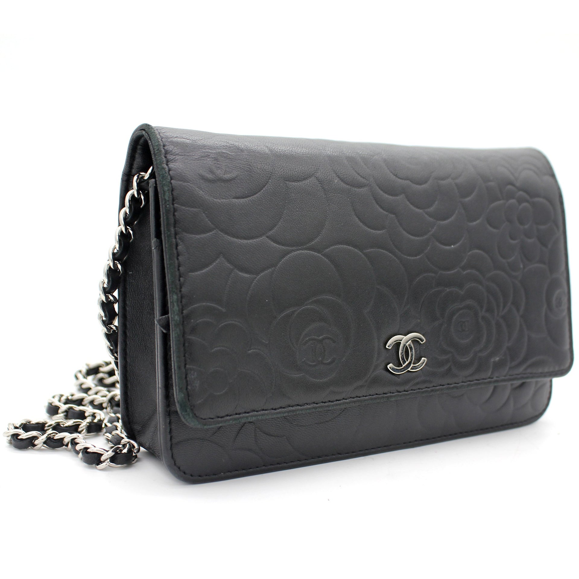 Chanel Black Lambskin Leather Camellia Embossed WOC (wallet-on-chain) Clutch  Bag