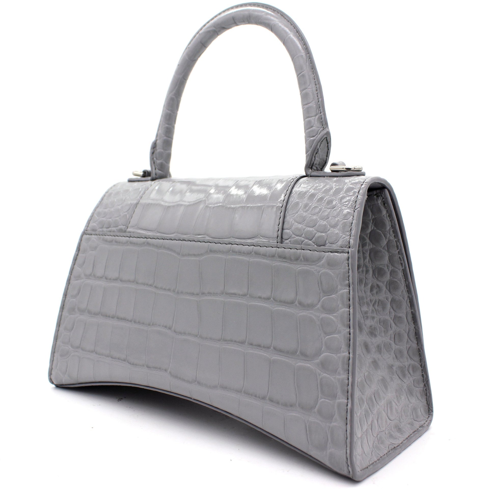 Calfskin Crocodile Embossed Small Hourglass Top Handle Bag Grey